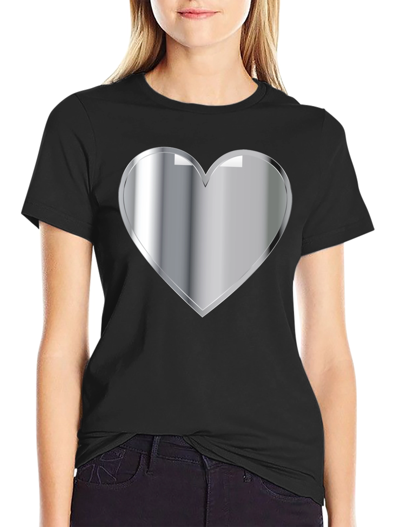 Black Silver Heart Graphic Black T-Shirt view 2
