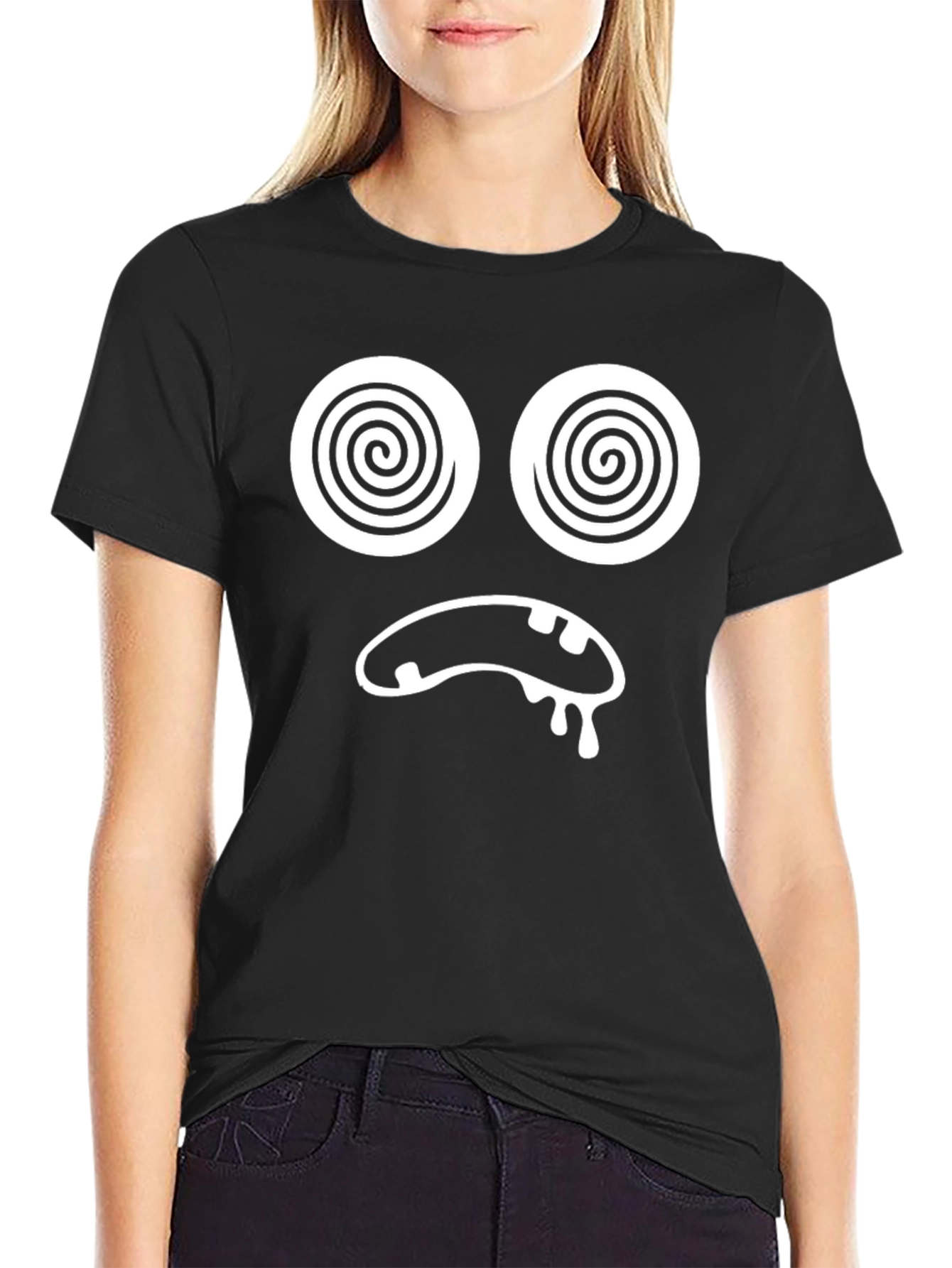 Black Funny Dizzy Face Graphic T-Shirt - Unisex Black Tee view 2