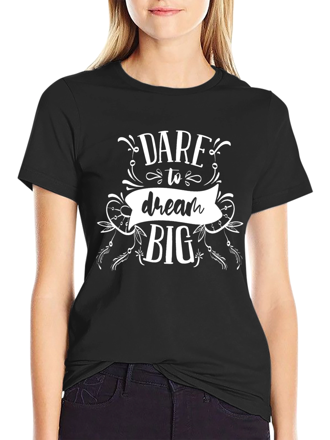 Black Dare to Dream Big Graphic Tee - Black Cotton T-Shirt view 2
