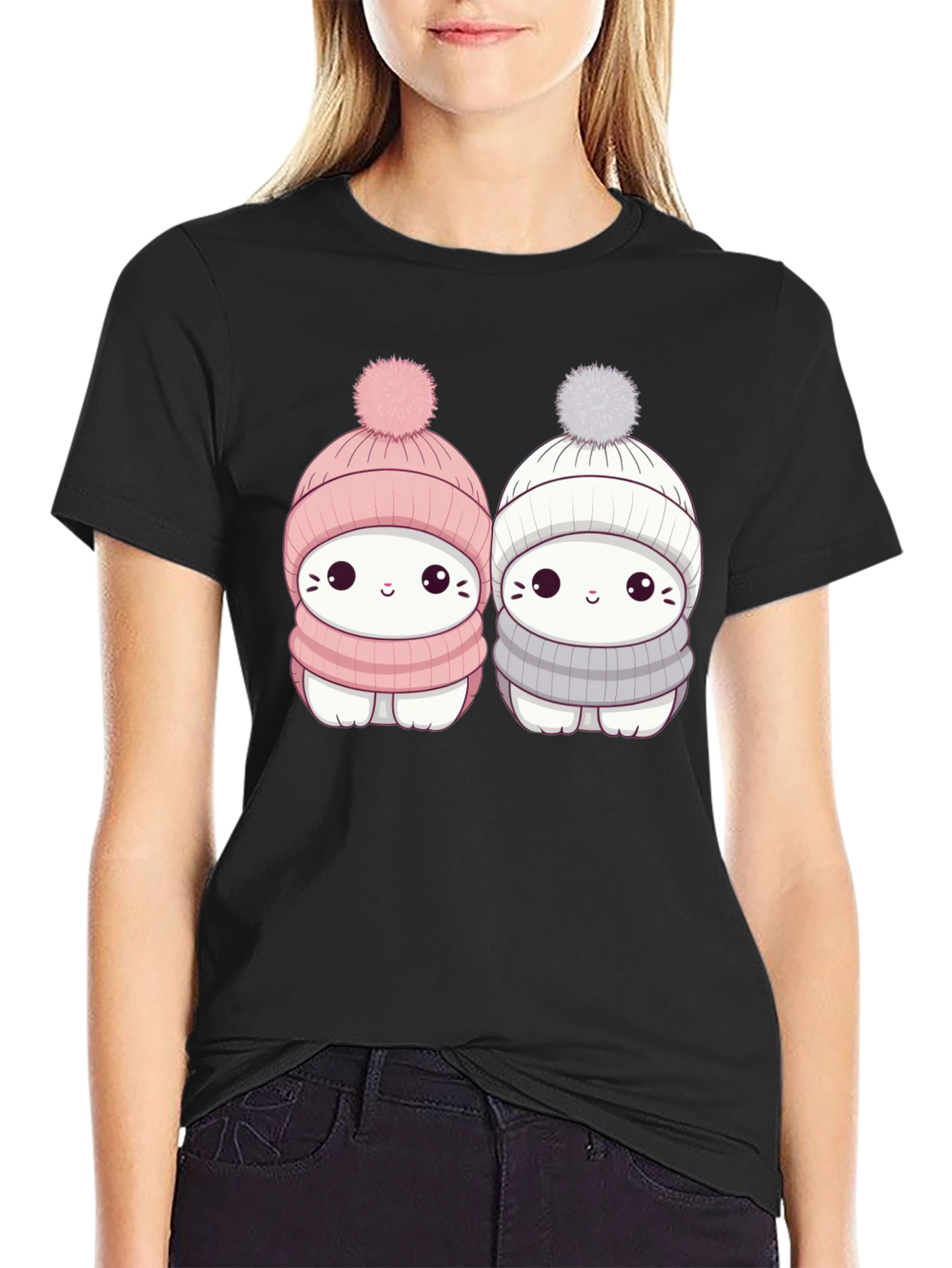 Black Cute Winter Cat T-Shirt view 2