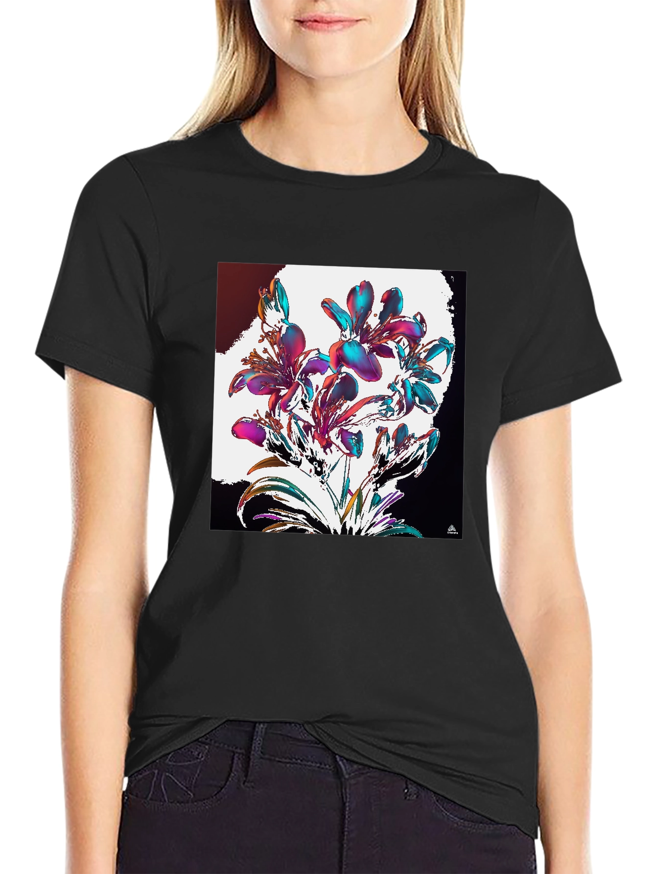 Black Floral Abstract Graphic Black T-Shirt view 2