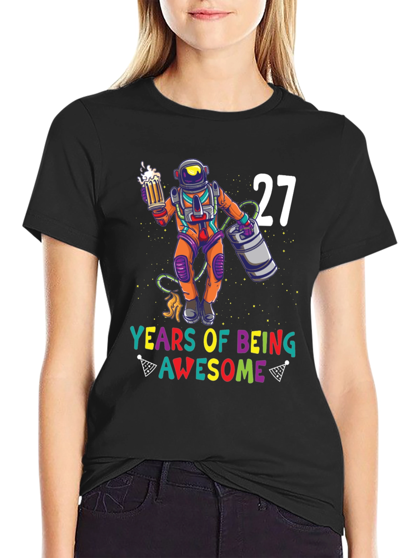 Black 27th Birthday Astronaut Beer T-Shirt view 2