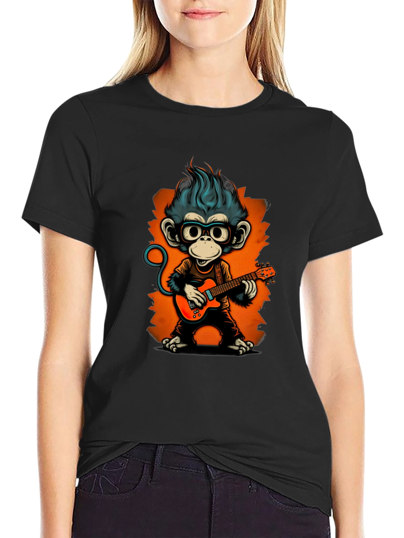 Black Cool Monkey Guitarist Graphic Tee view 2
