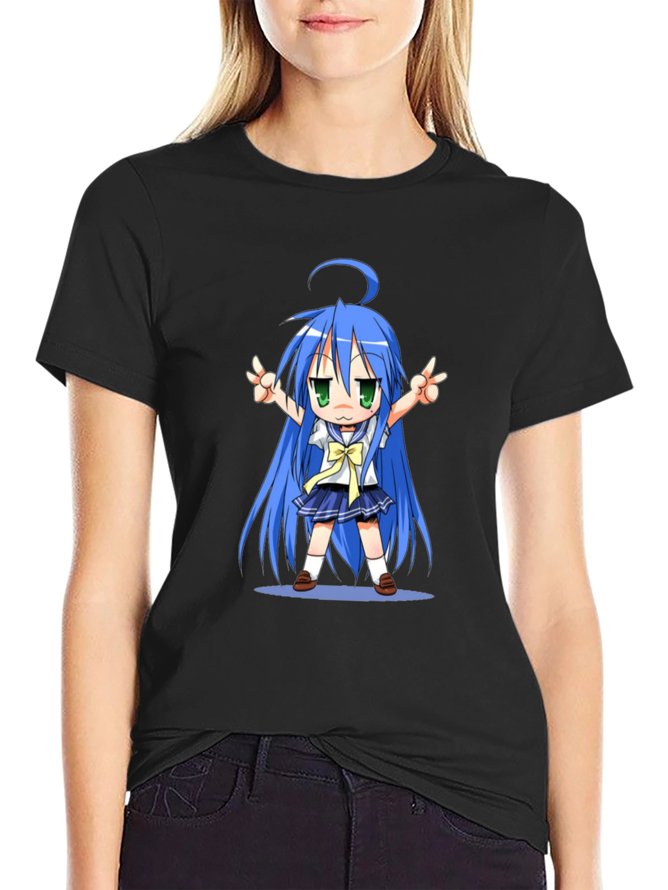 Black Anime Girl Graphic T-Shirt - Black Cotton Tee view 2