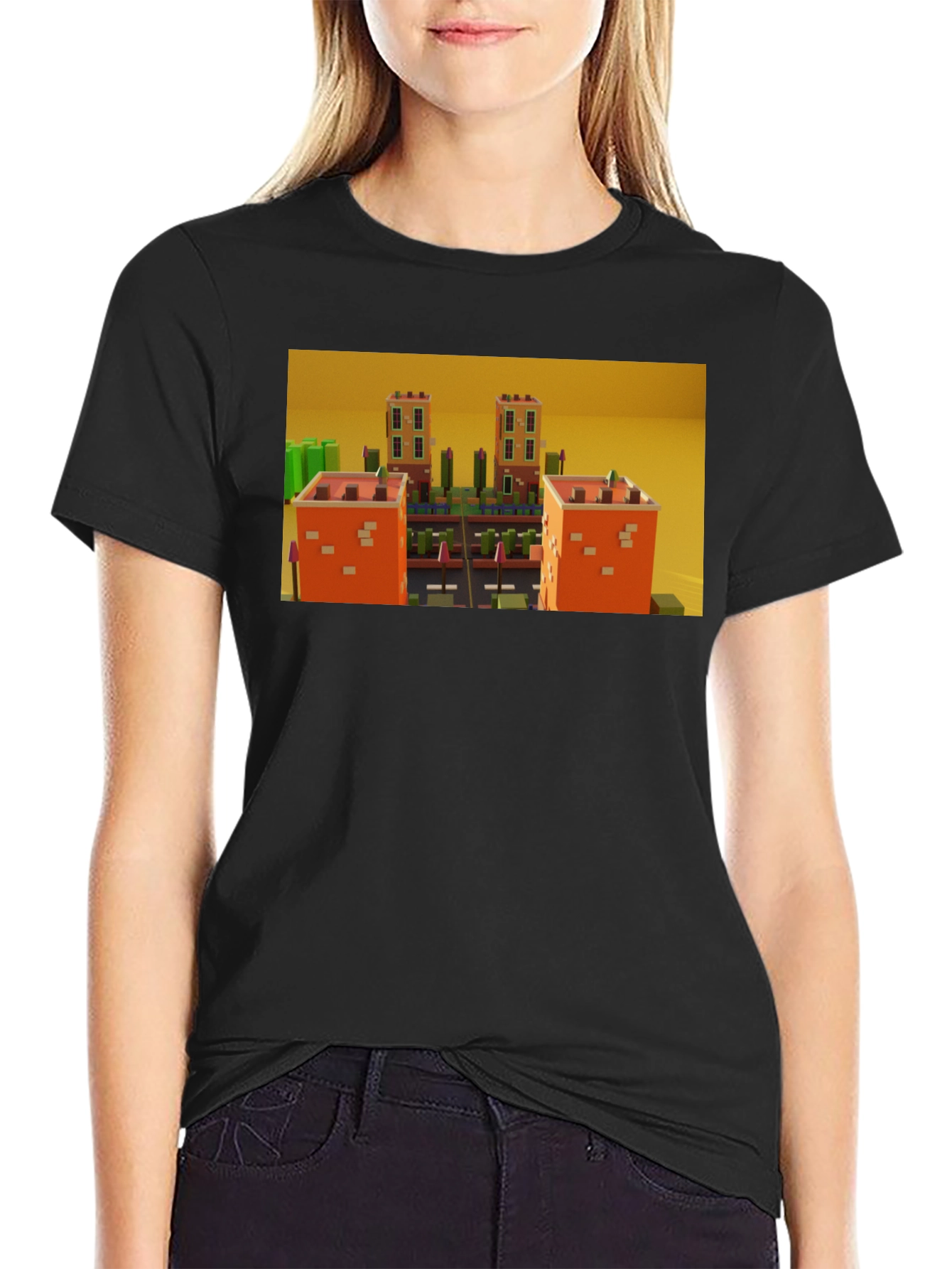 Black Black T-Shirt with 3D Cityscape Design view 2