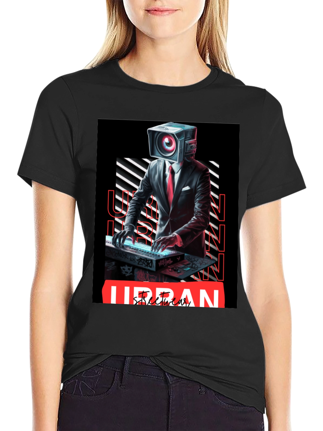 Black Urban Streetwear Camera Head DJ Graphic Tee view 2