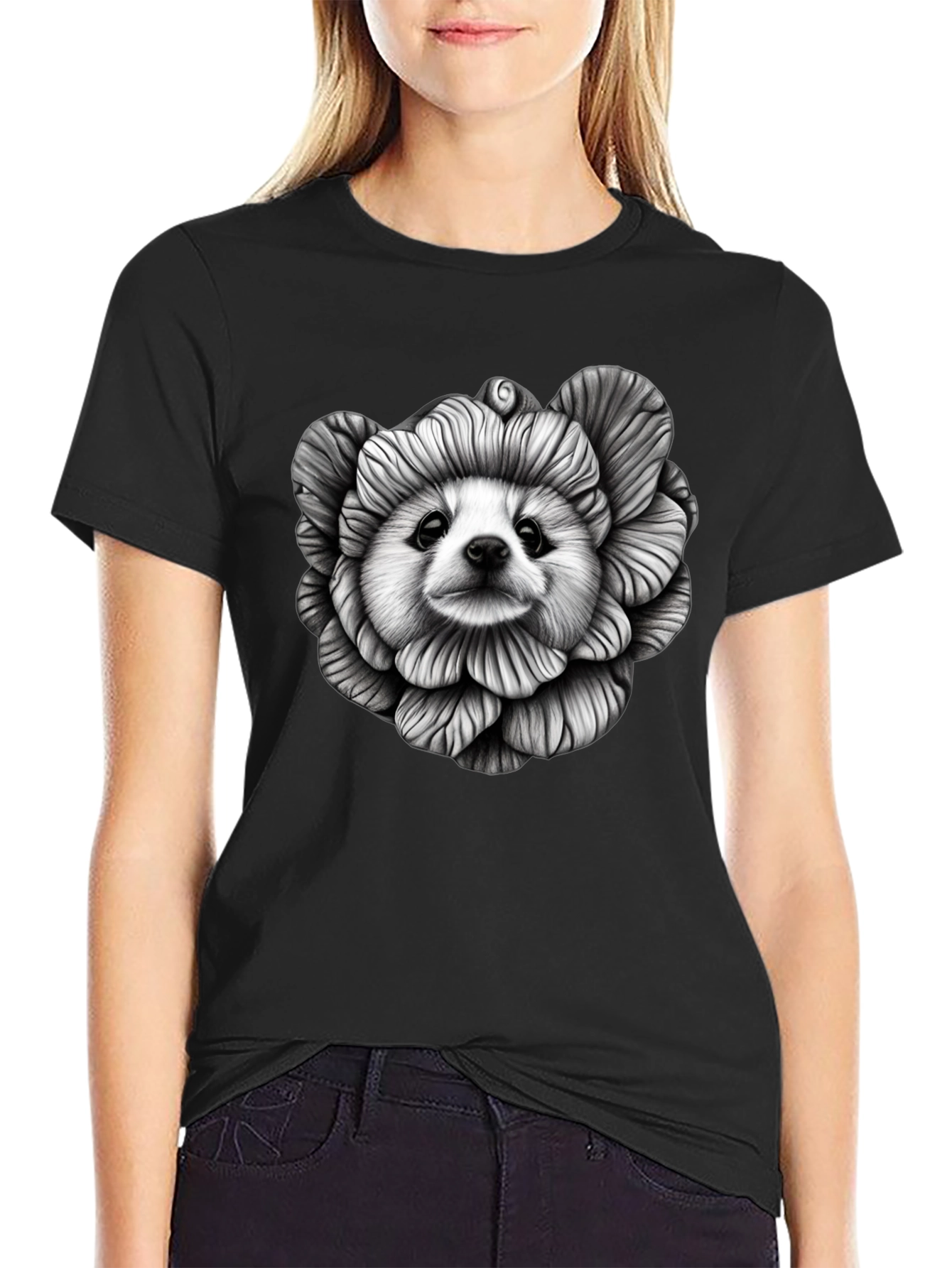 Black Dog Flower Graphic Tee - Unique Art T-Shirt view 2