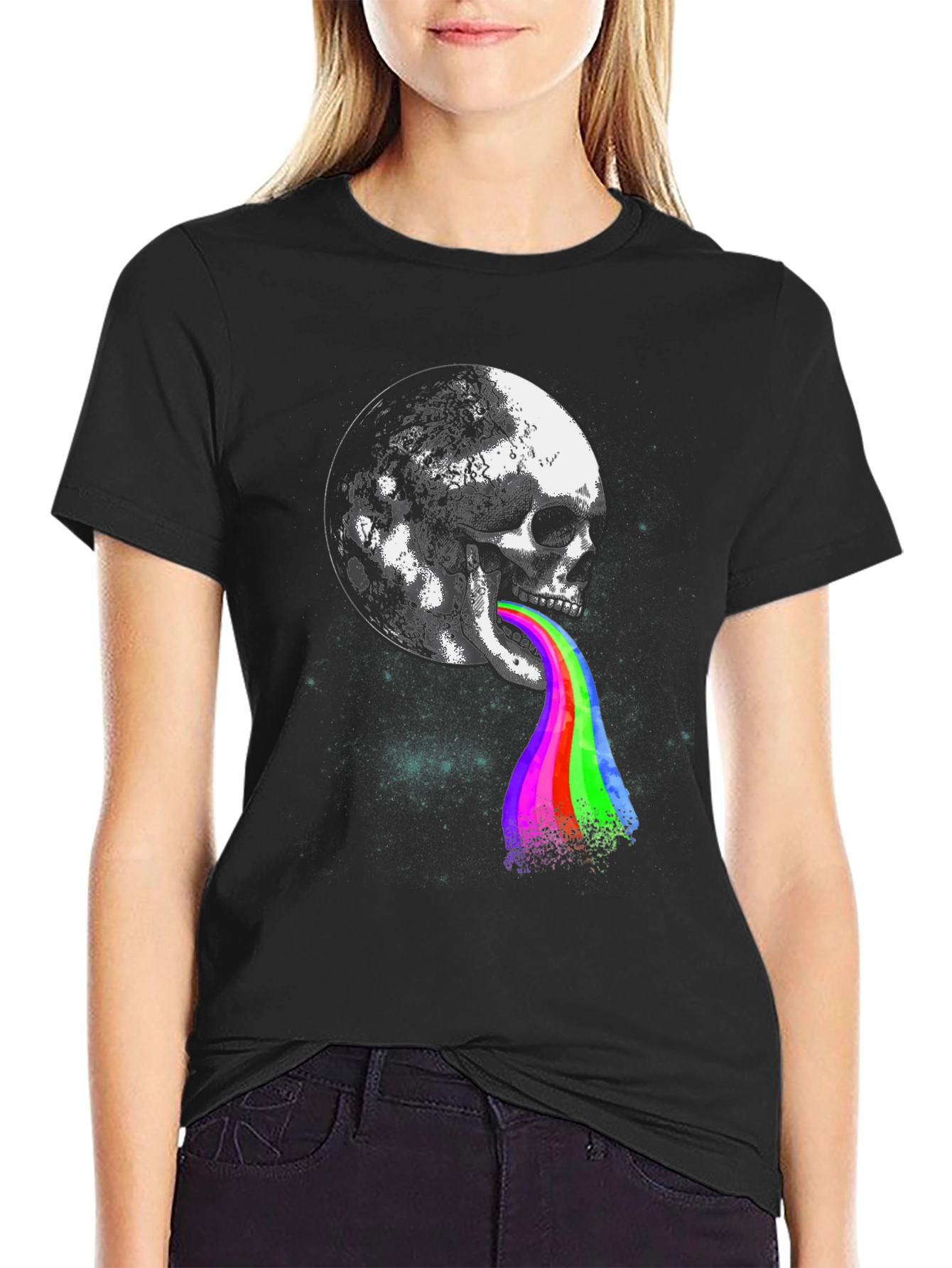 Black Skull Moon Rainbow Tongue Graphic Tee view 2