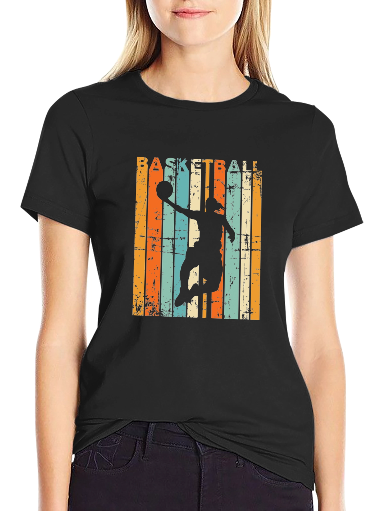 Black Basketball Silhouette Retro Striped Graphic Tee view 2