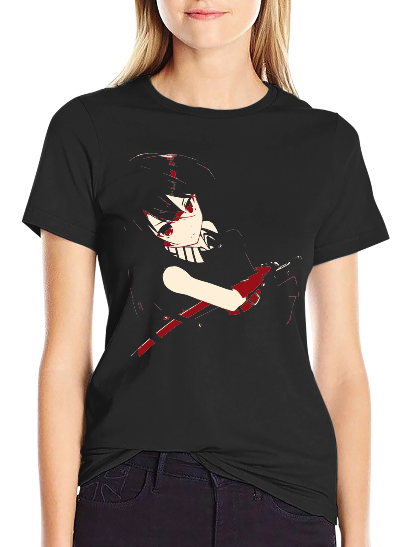 Black Anime Girl Graphic Black T-Shirt view 2