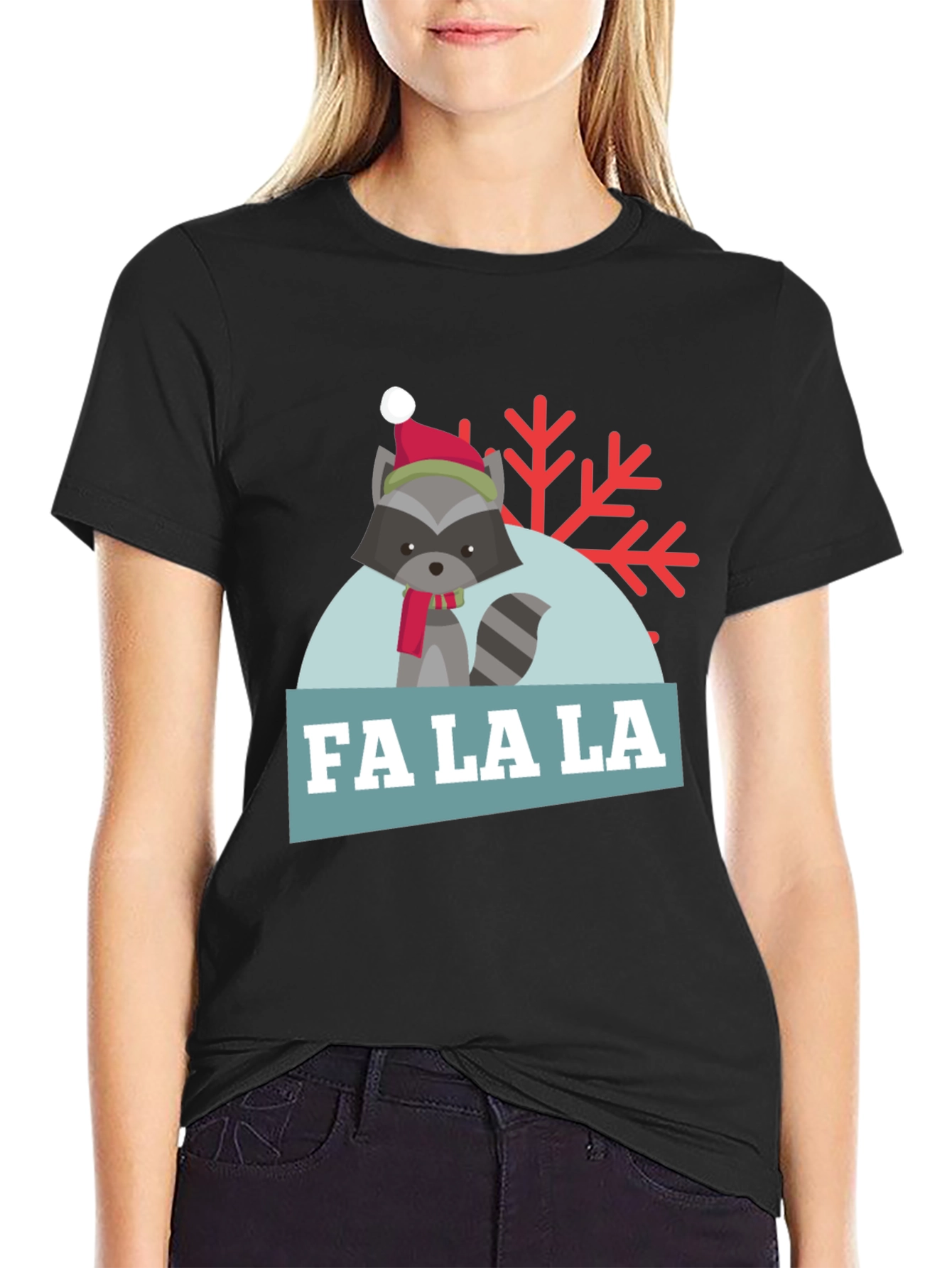 Black Festive Raccoon 'Fa La La' Holiday T-Shirt view 2