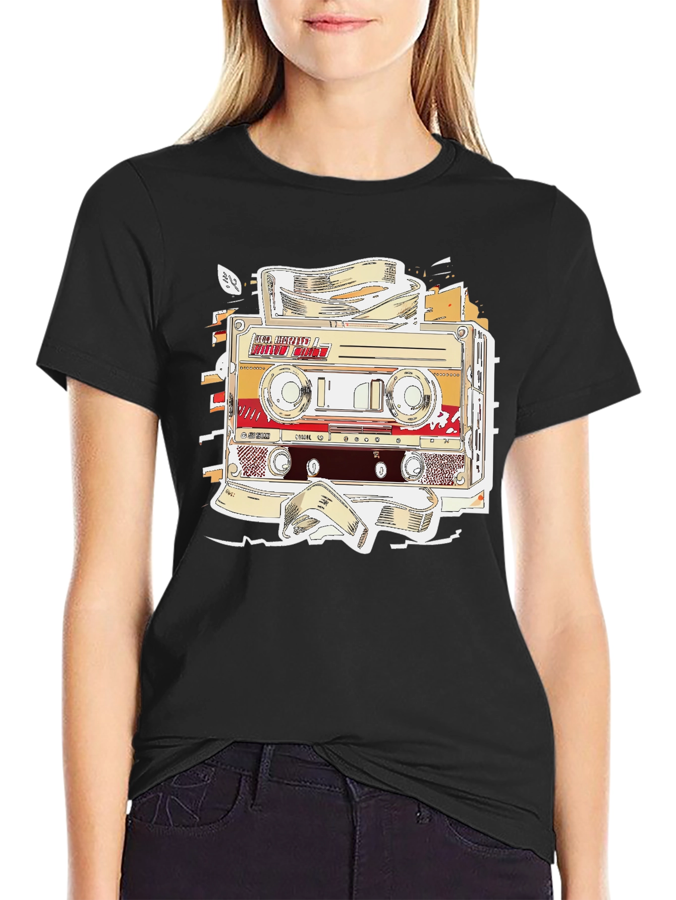 Black Retro Cassette Tape Graphic T-Shirt - Vintage Music Lover Tee view 2