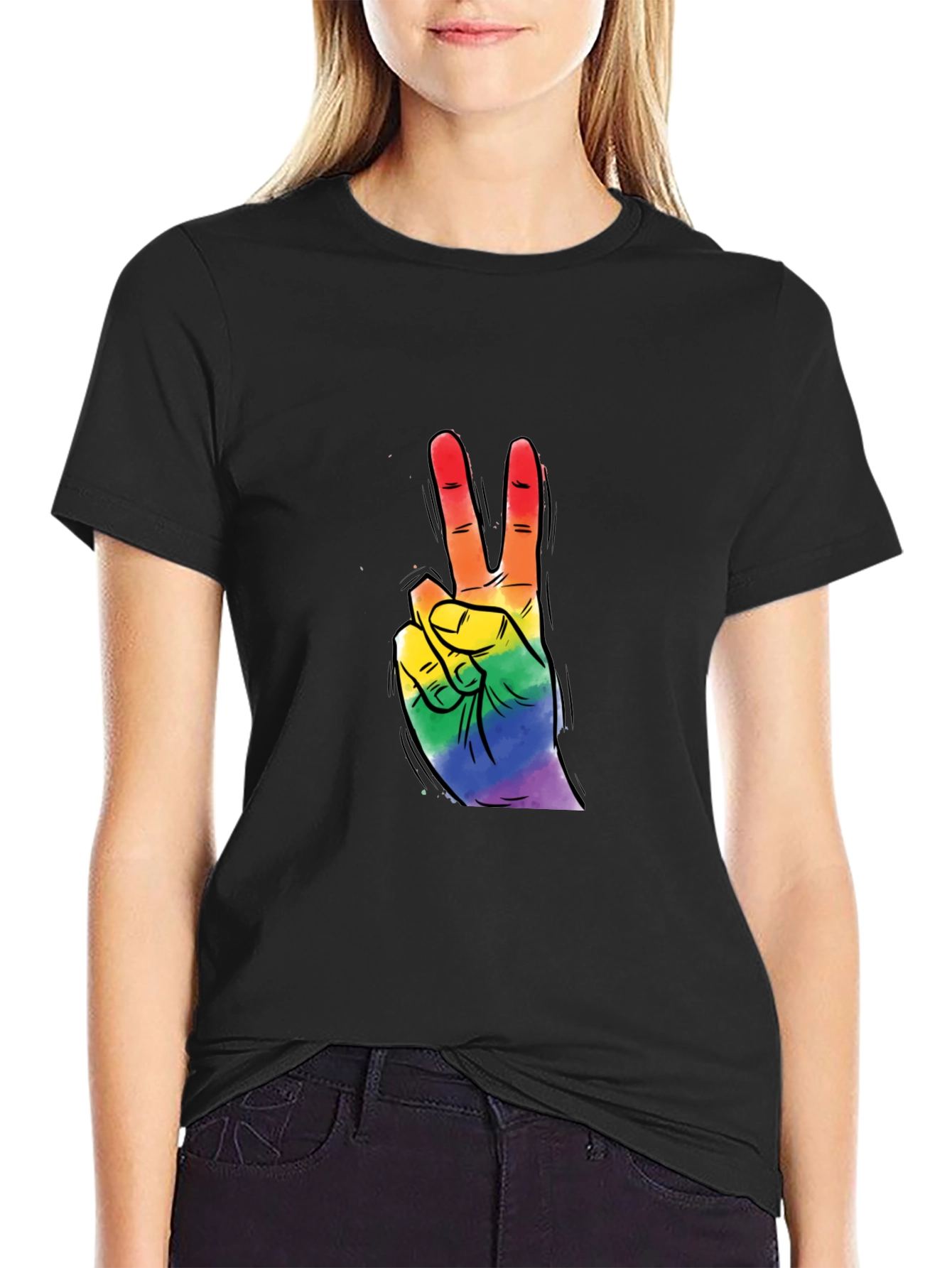Black Rainbow Peace Sign Graphic Tee - Black Cotton T-Shirt view 2