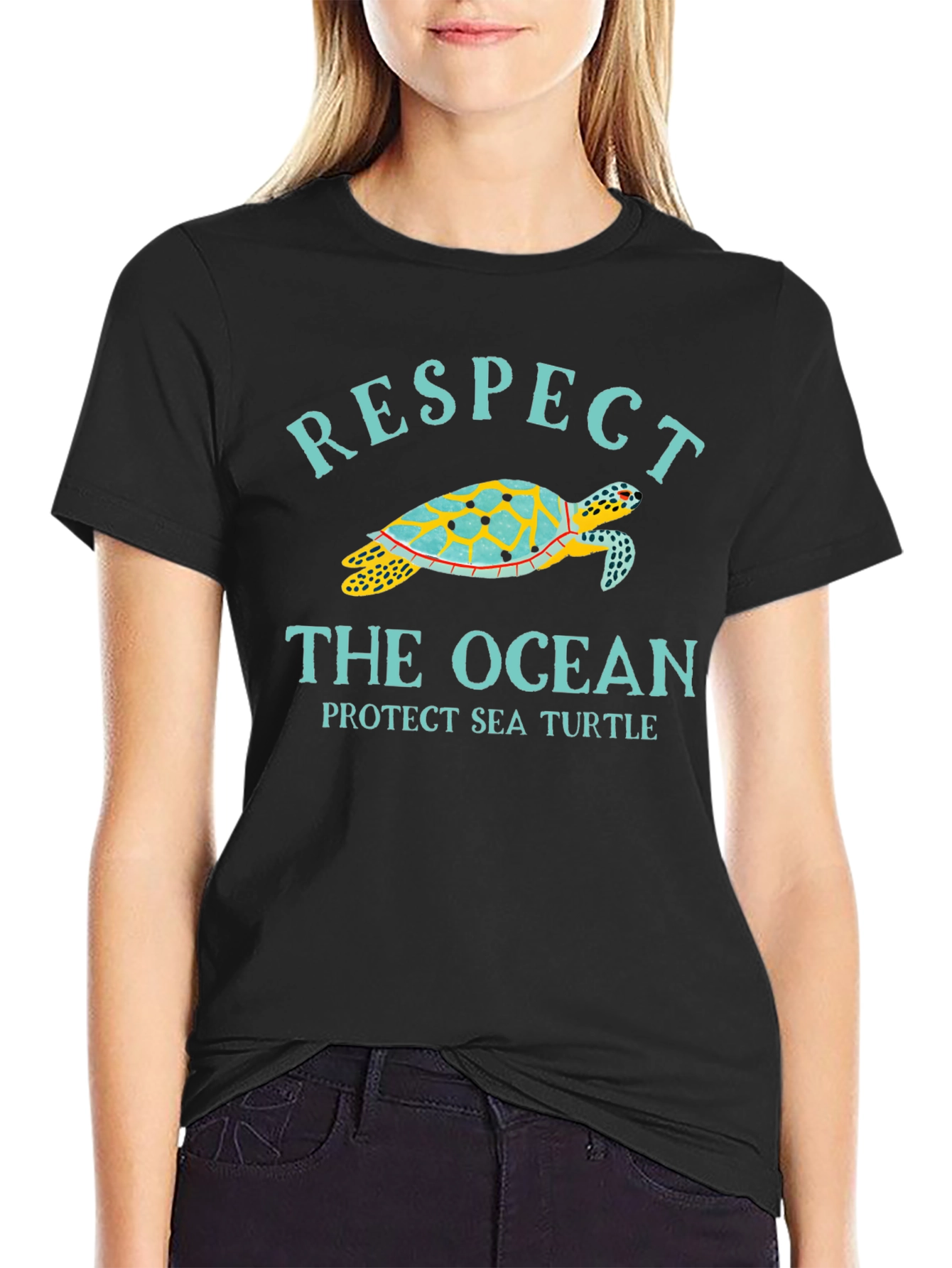 Black Respect the Ocean Sea Turtle Graphic Tee view 2