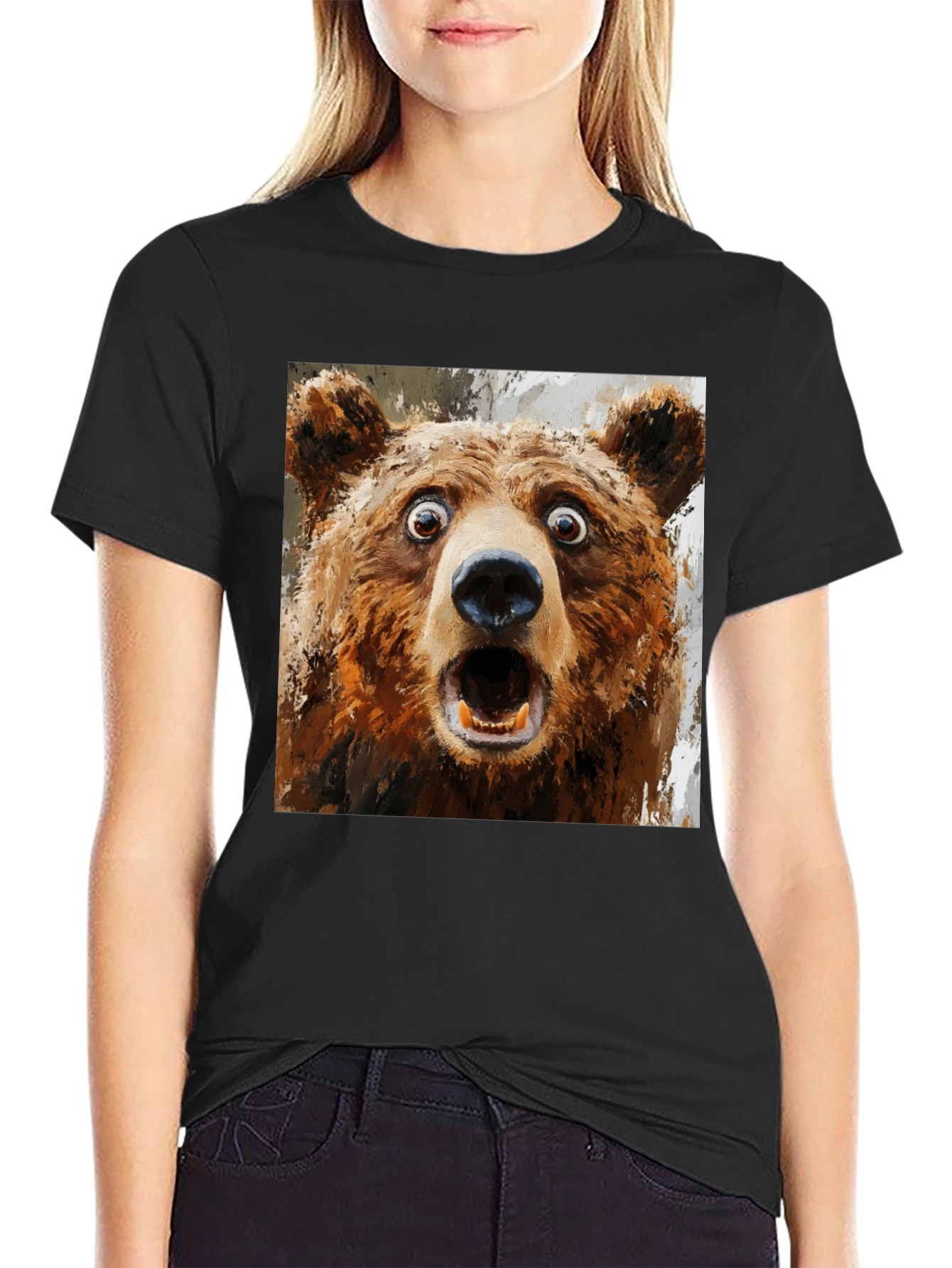 Black Surprised Bear Graphic T-Shirt view 2