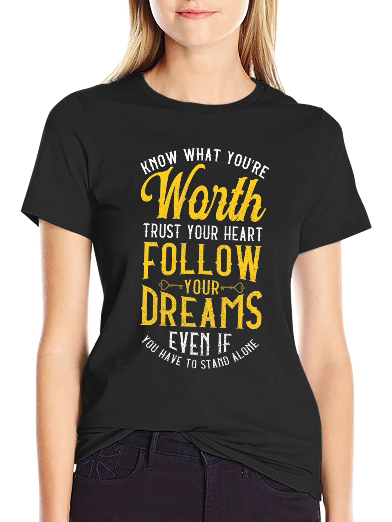 Black Motivational T-Shirt: Know Your Worth, Follow Your Dreams view 2