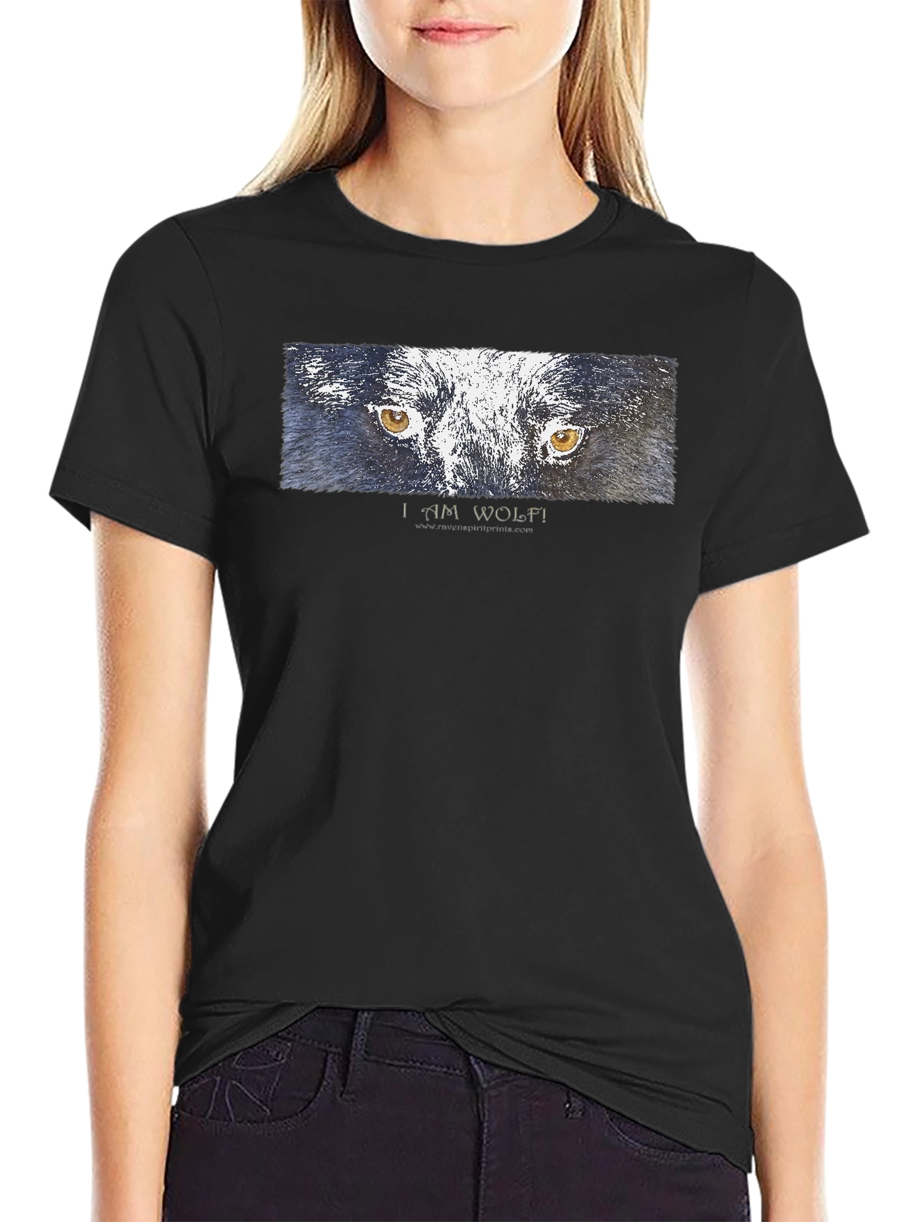 Black I Am Wolf! Graphic Print Black T-Shirt view 2