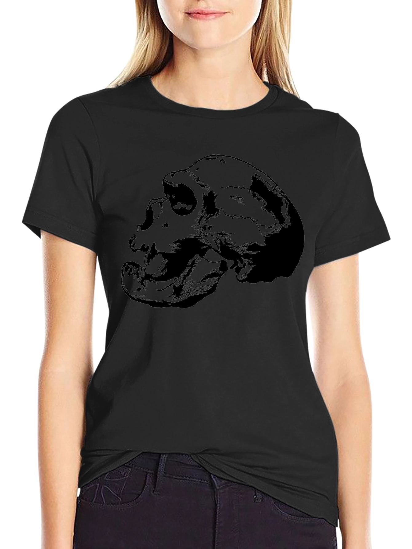Black Skull Graphic Print Crew Neck T-Shirt view 2