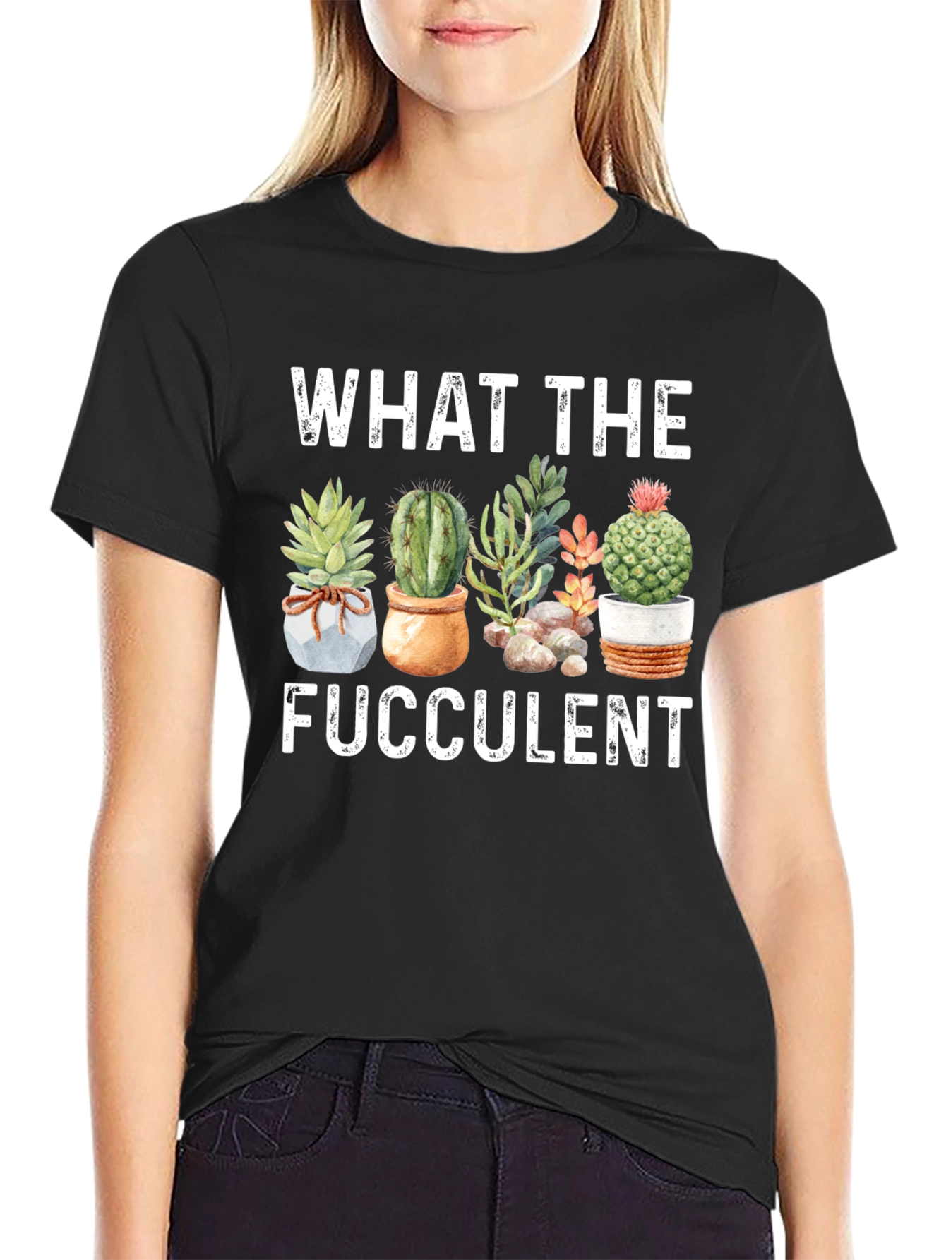 Black Funny "What The Fucculent" Graphic T-Shirt view 2