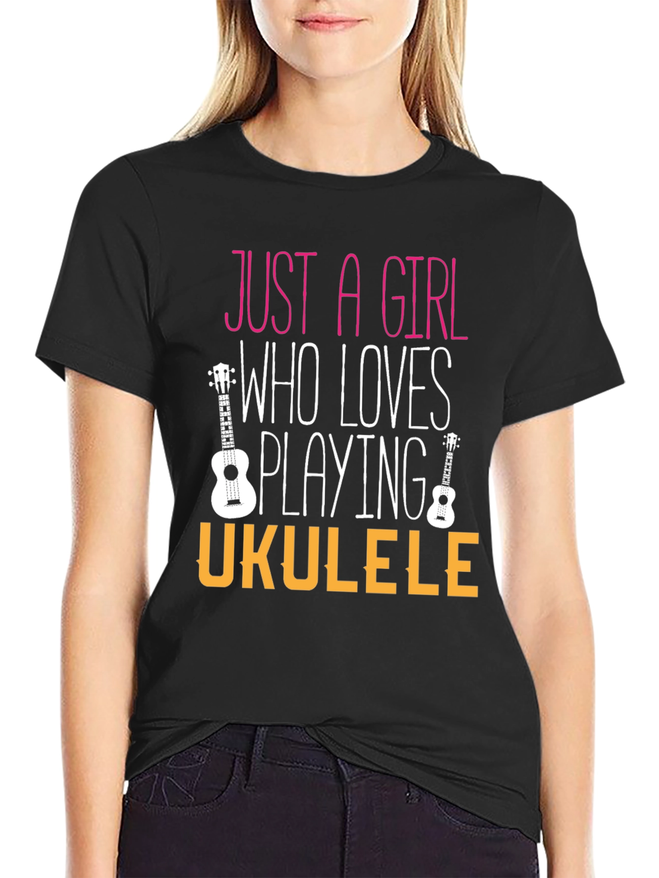 Black Just a Girl Who Loves Playing Ukulele T-Shirt view 2
