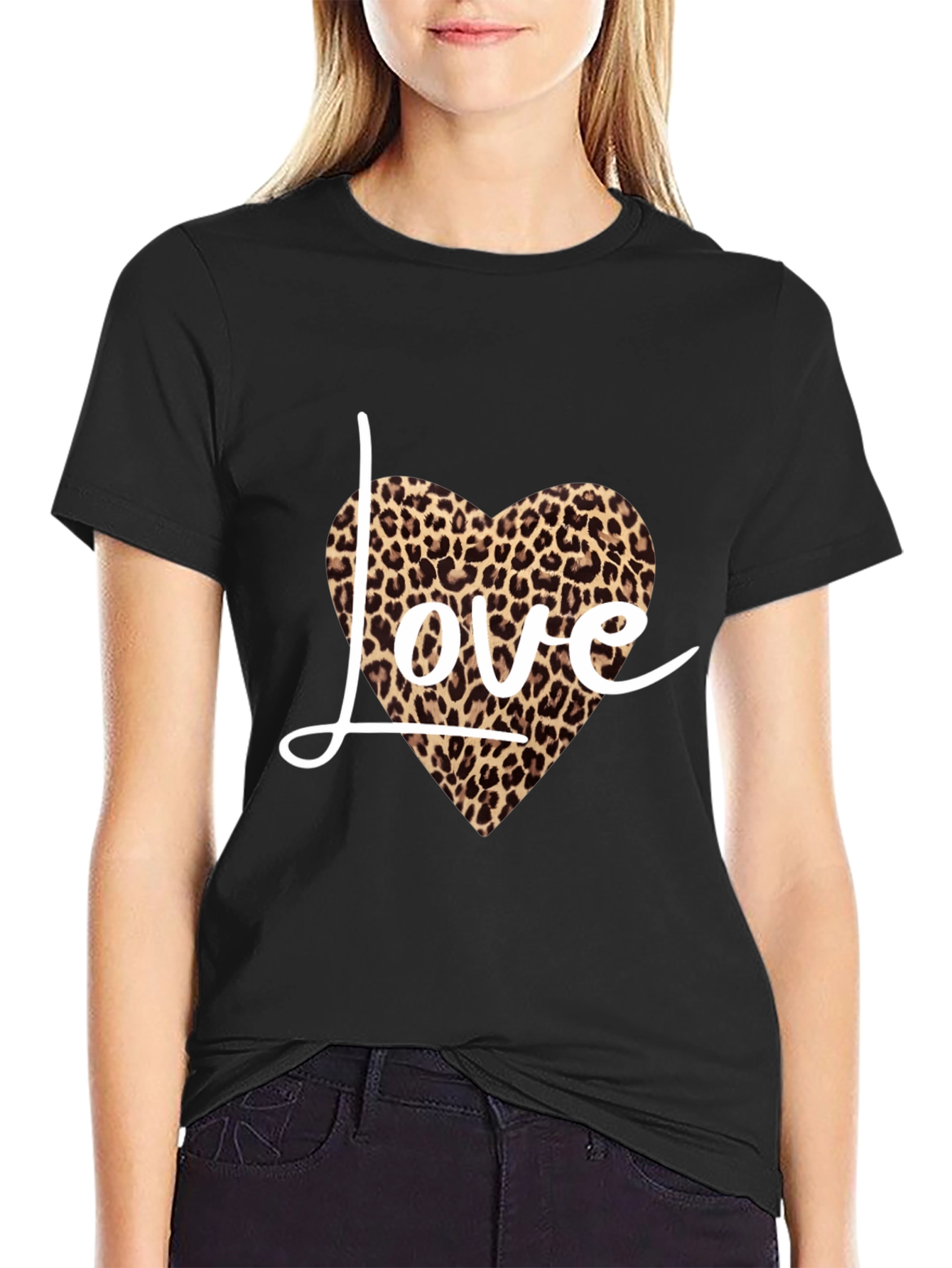 Black Leopard Love Heart Print Black T-Shirt view 2