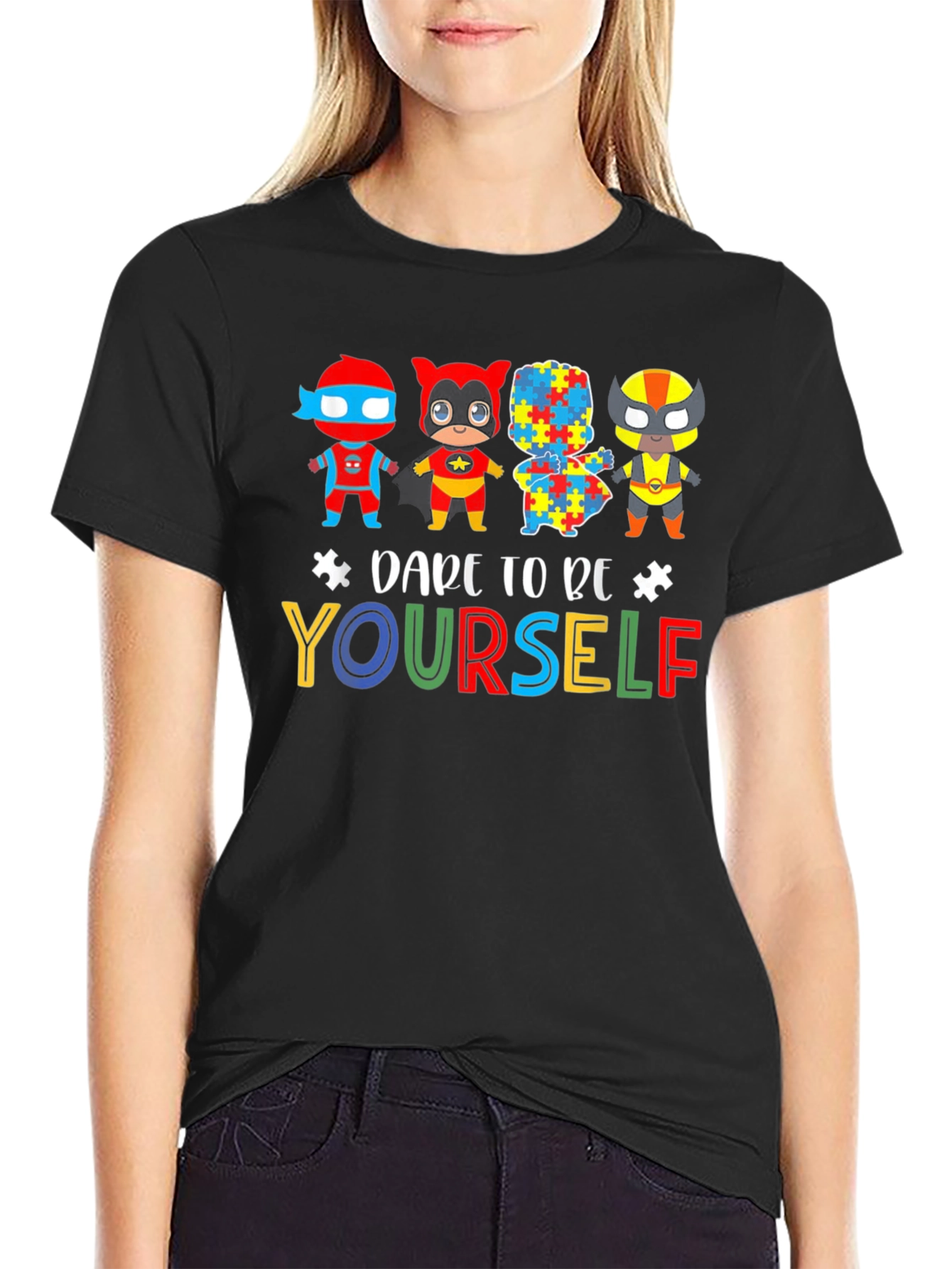Black Dare To Be Yourself Autism Awareness Graphic Tee view 2
