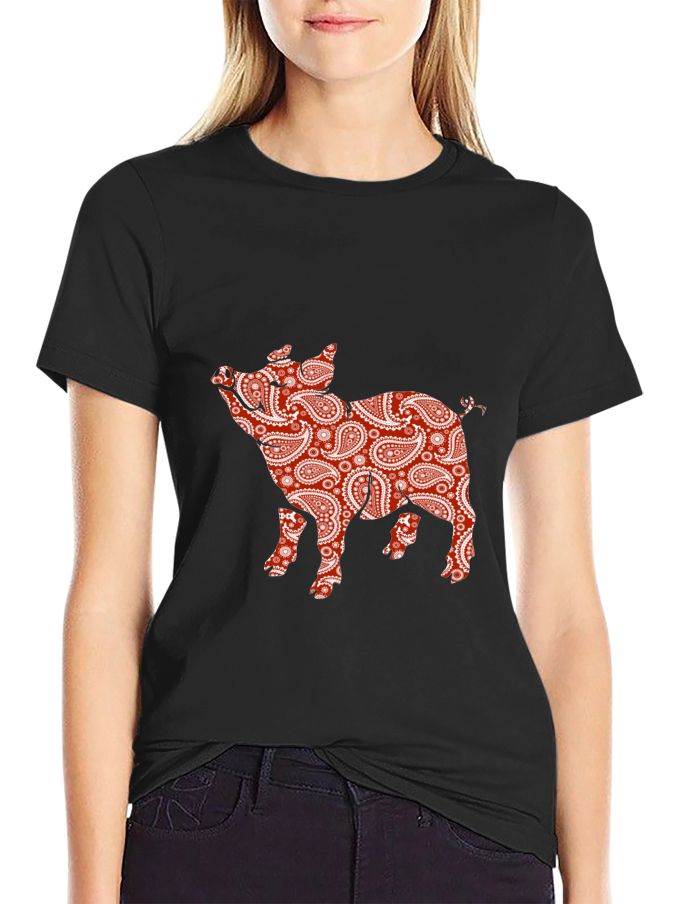 Black Paisley Pig Print T-Shirt view 2