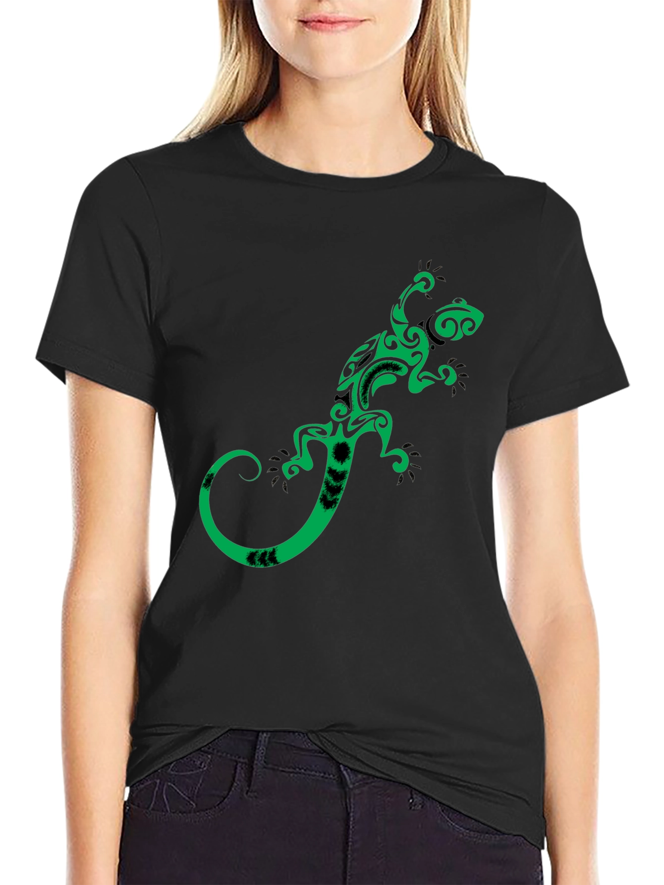 Black Tribal Gecko Graphic Tee - Stylish Black T-Shirt view 2