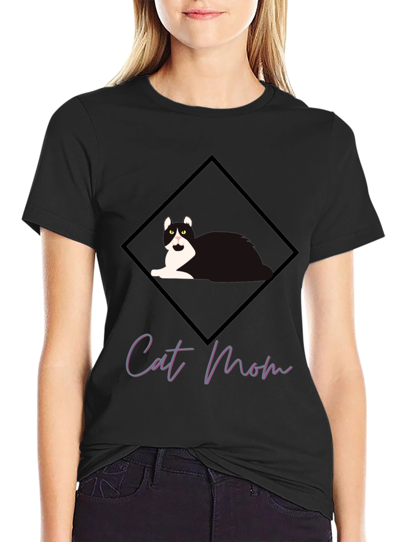 Black Cat Mom Graphic Tee - Black Short Sleeve T-Shirt view 2