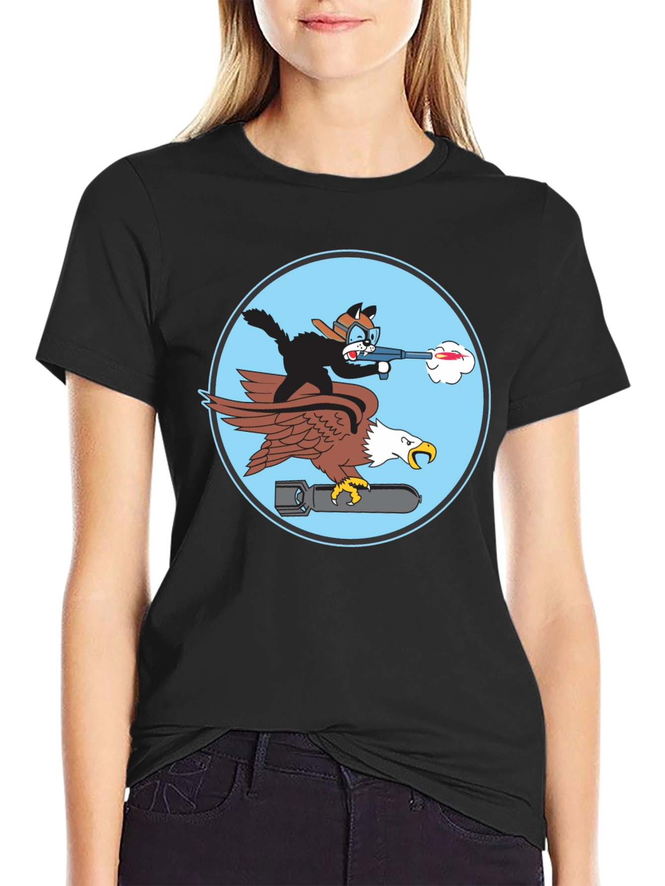 Black Cartoon Cat & Eagle T-Shirt - Funny Graphic Tee view 2