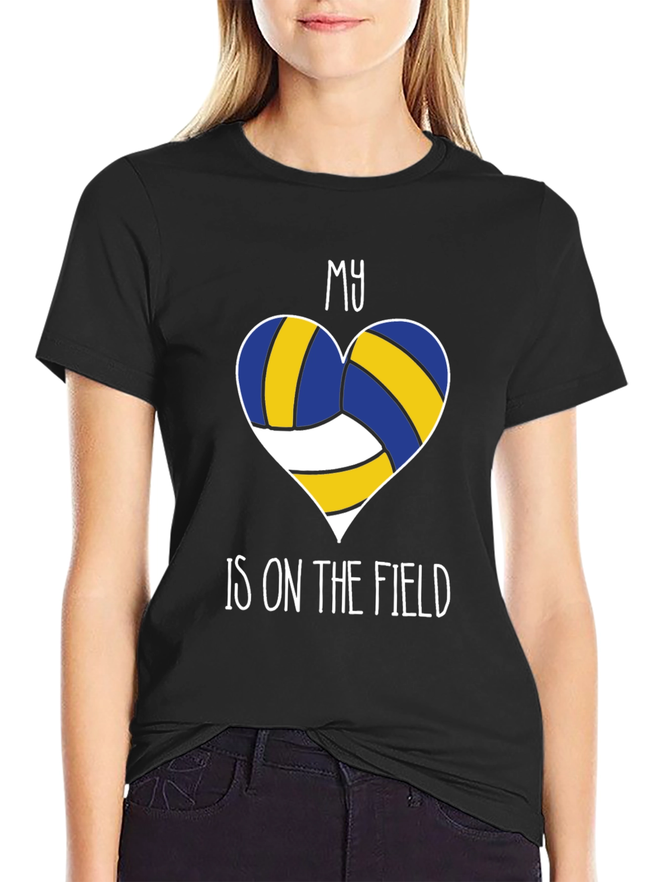 Black Volleyball Heart T-Shirt - My Heart is on the Field view 2