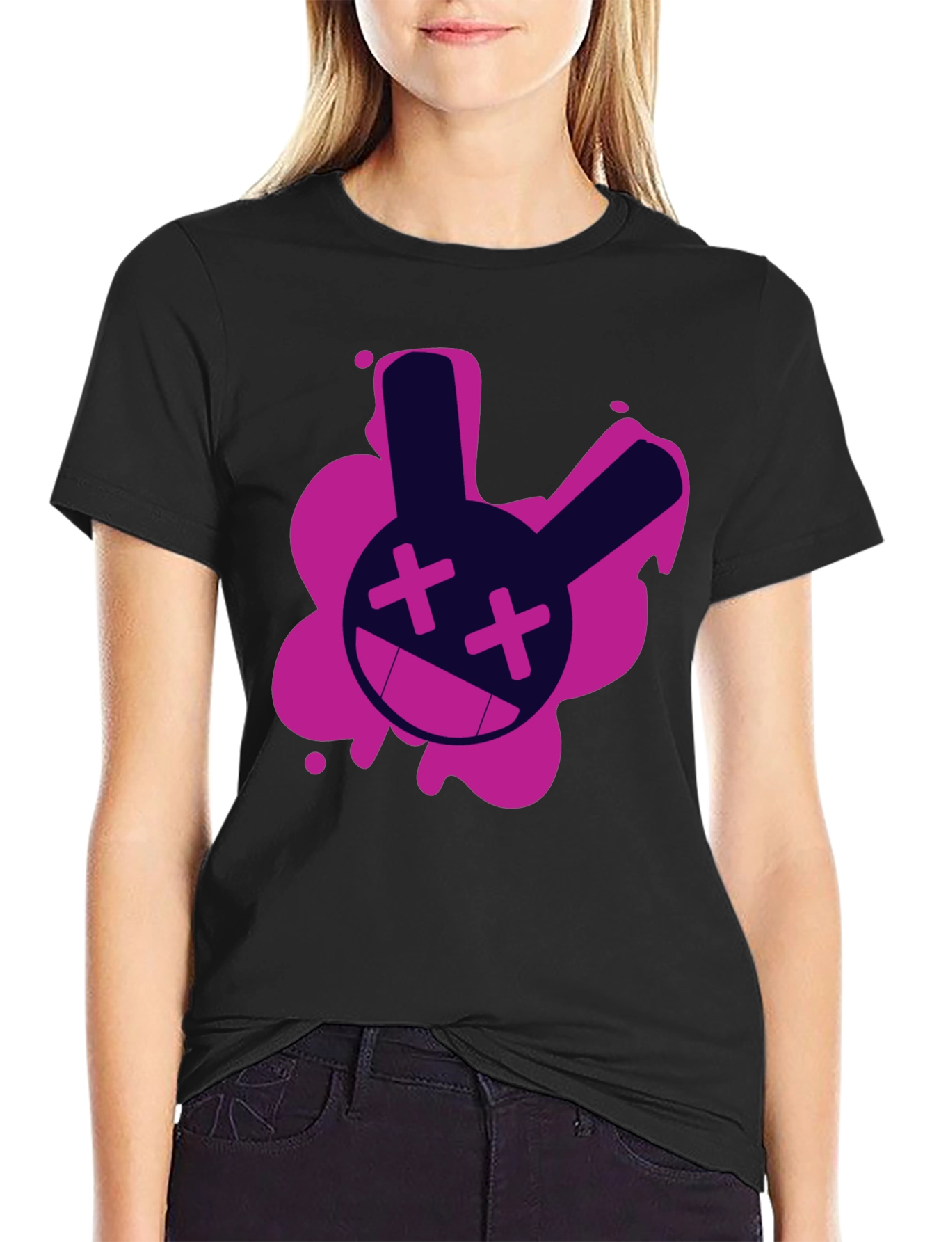 Black Edgy Rabbit Graphic Tee - Black Cotton T-Shirt view 2