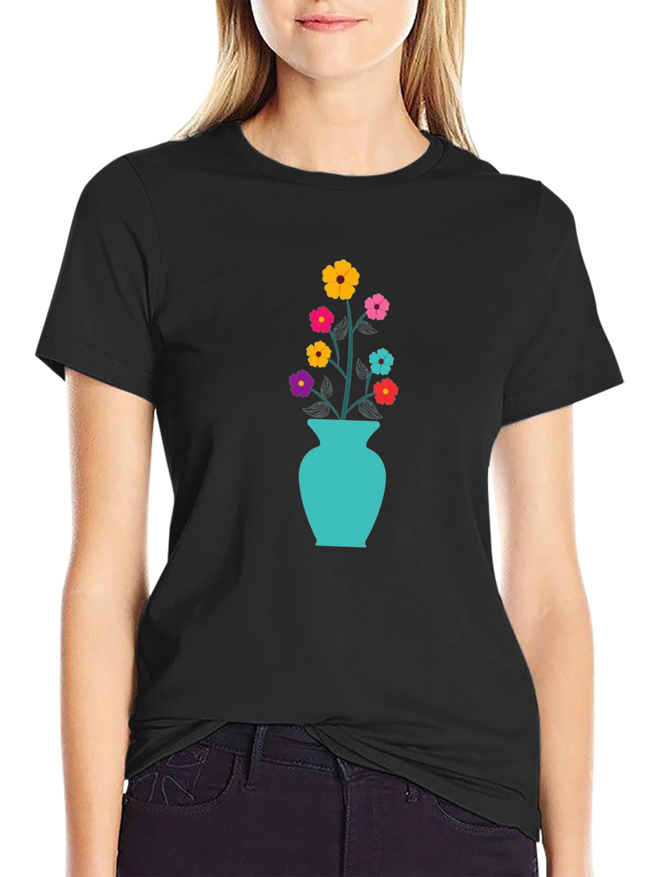 Black Floral Vase Graphic Tee - Stylish & Unique Design view 2