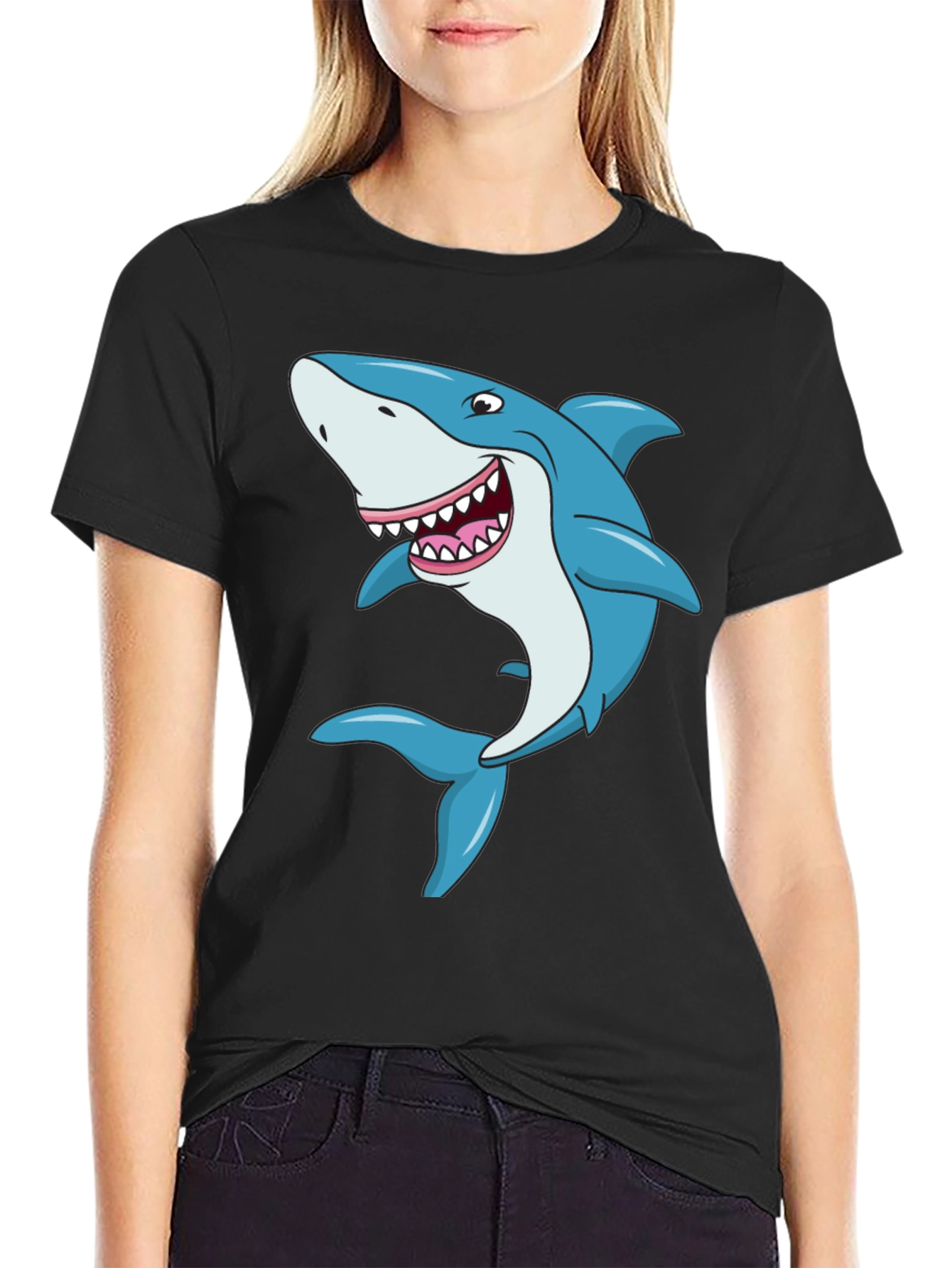 Black Cartoon Shark Graphic Tee - Black Cotton T-Shirt view 2