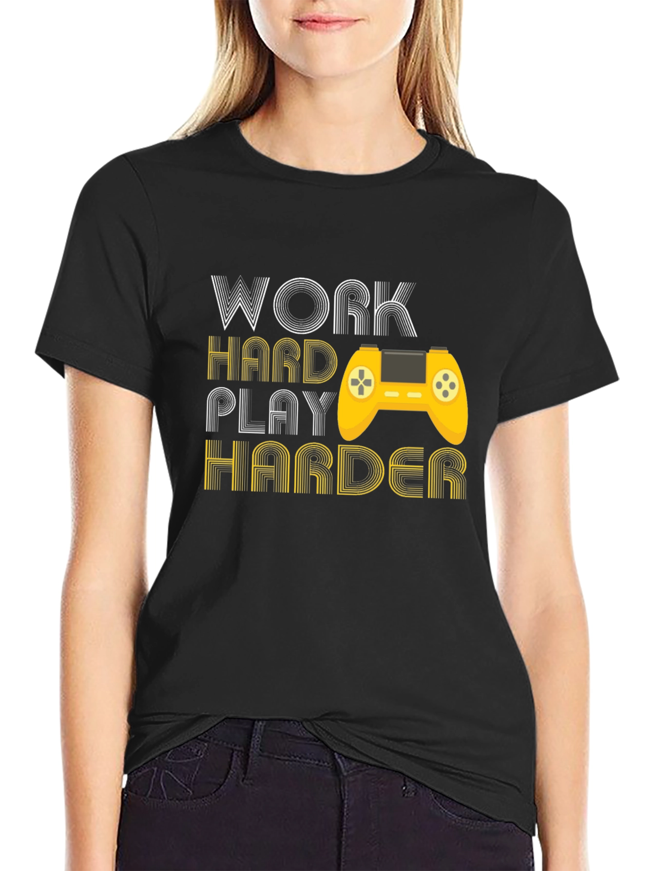 Black Work Hard Play Harder Gaming T-Shirt view 2
