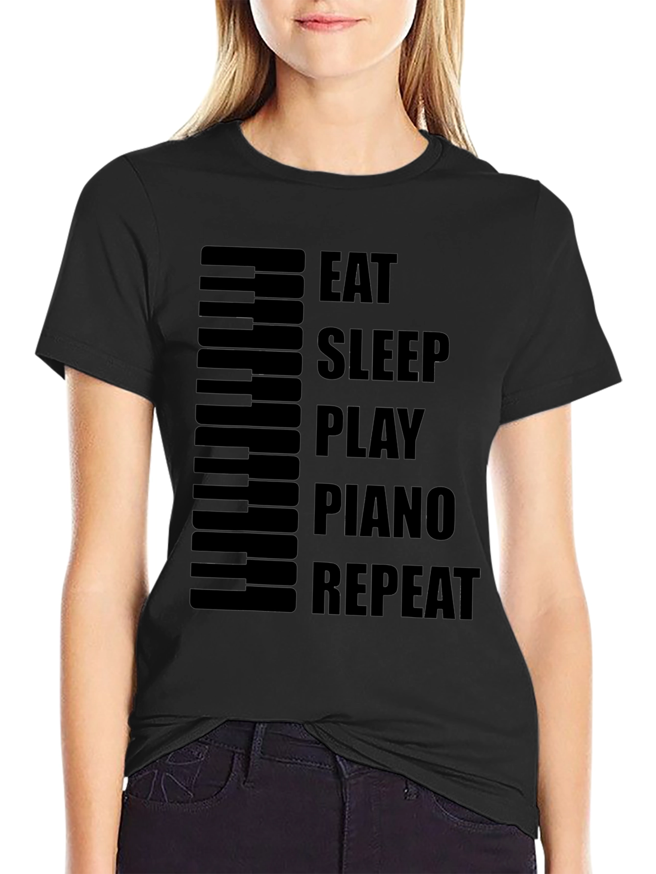 Black Eat Sleep Play Piano Repeat - Black T-Shirt view 2