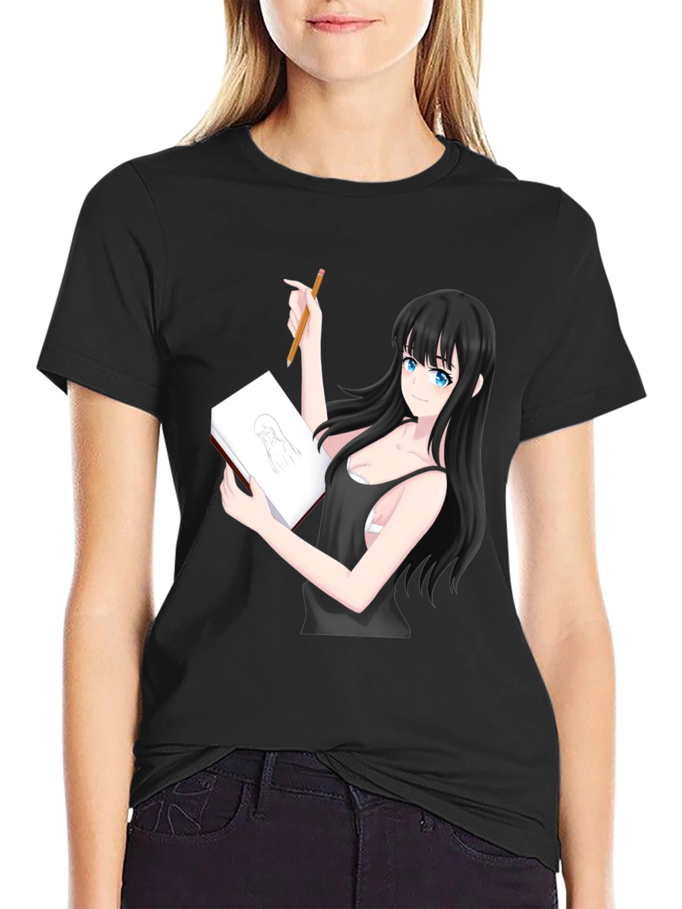 Black Anime Girl Sketch T-Shirt - Unique Design view 2