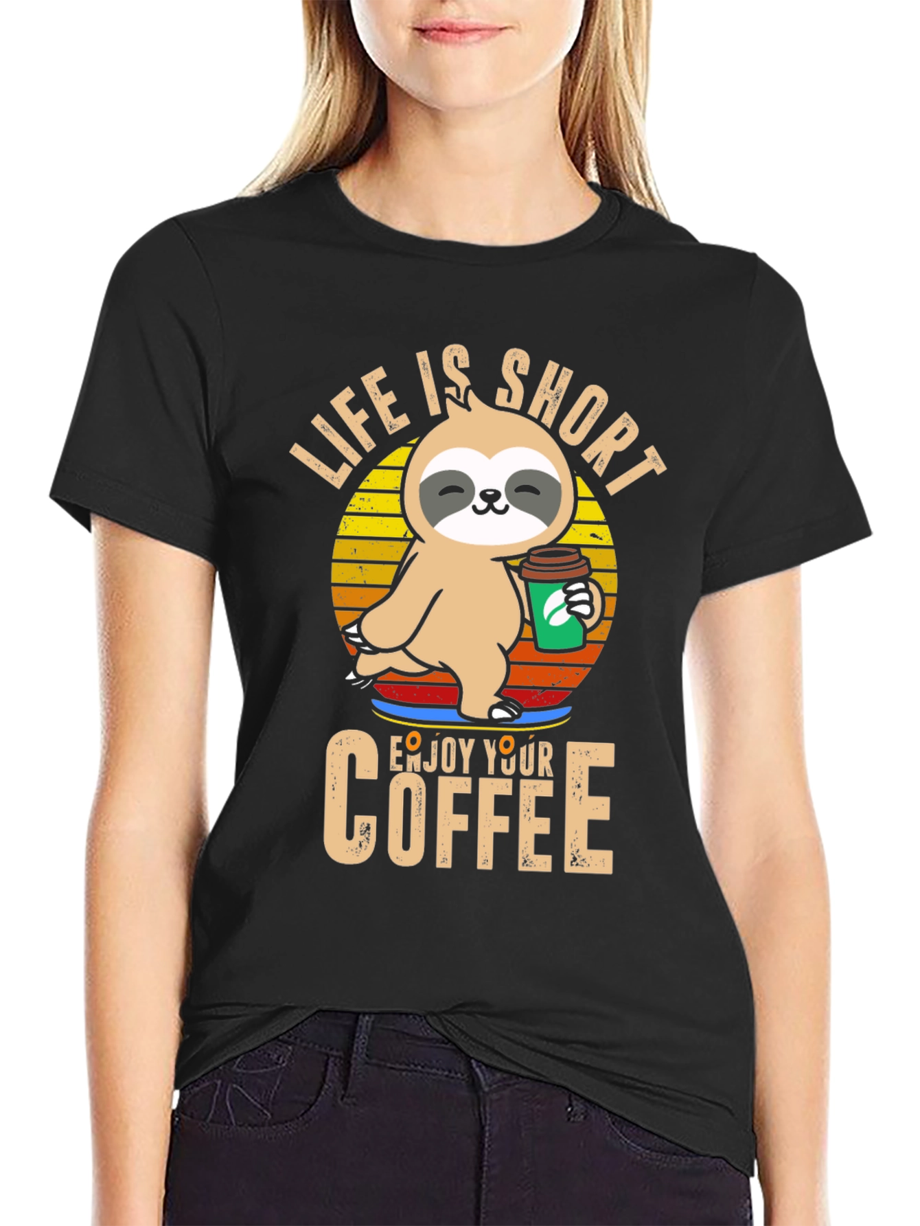 Black Life is Short Sloth Coffee T-Shirt view 2
