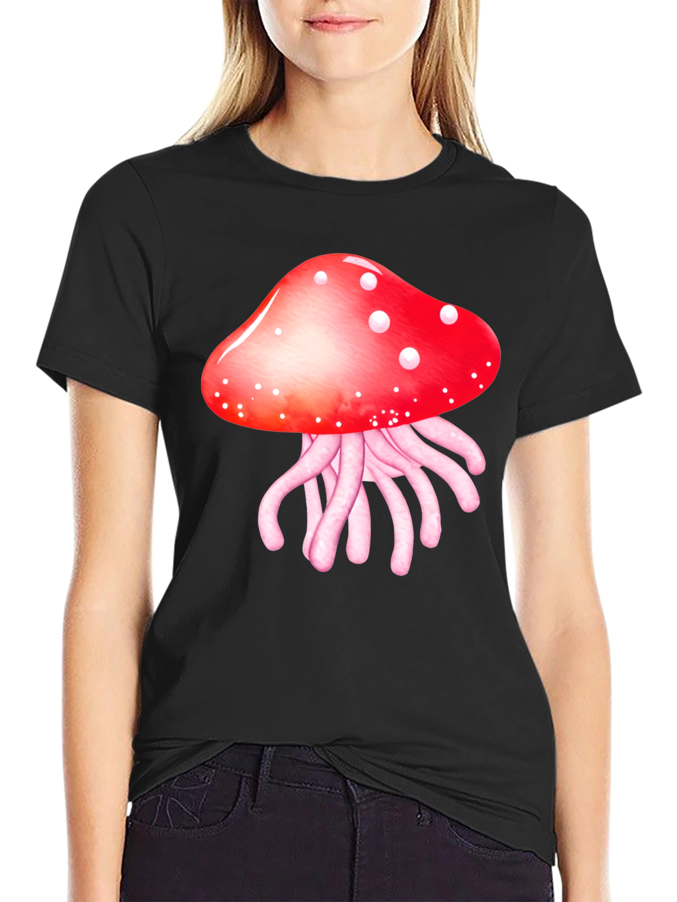 Black Mushroom Jellyfish Graphic T-Shirt - Funky Crew Neck Tee view 2