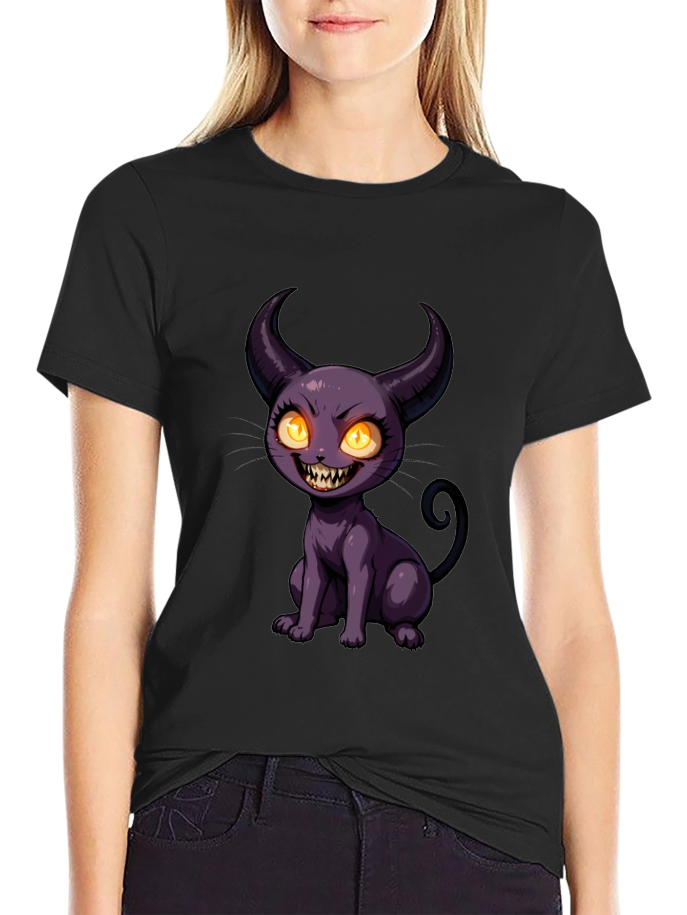 Black Black T-Shirt with Cartoon Devil Cat Print view 2