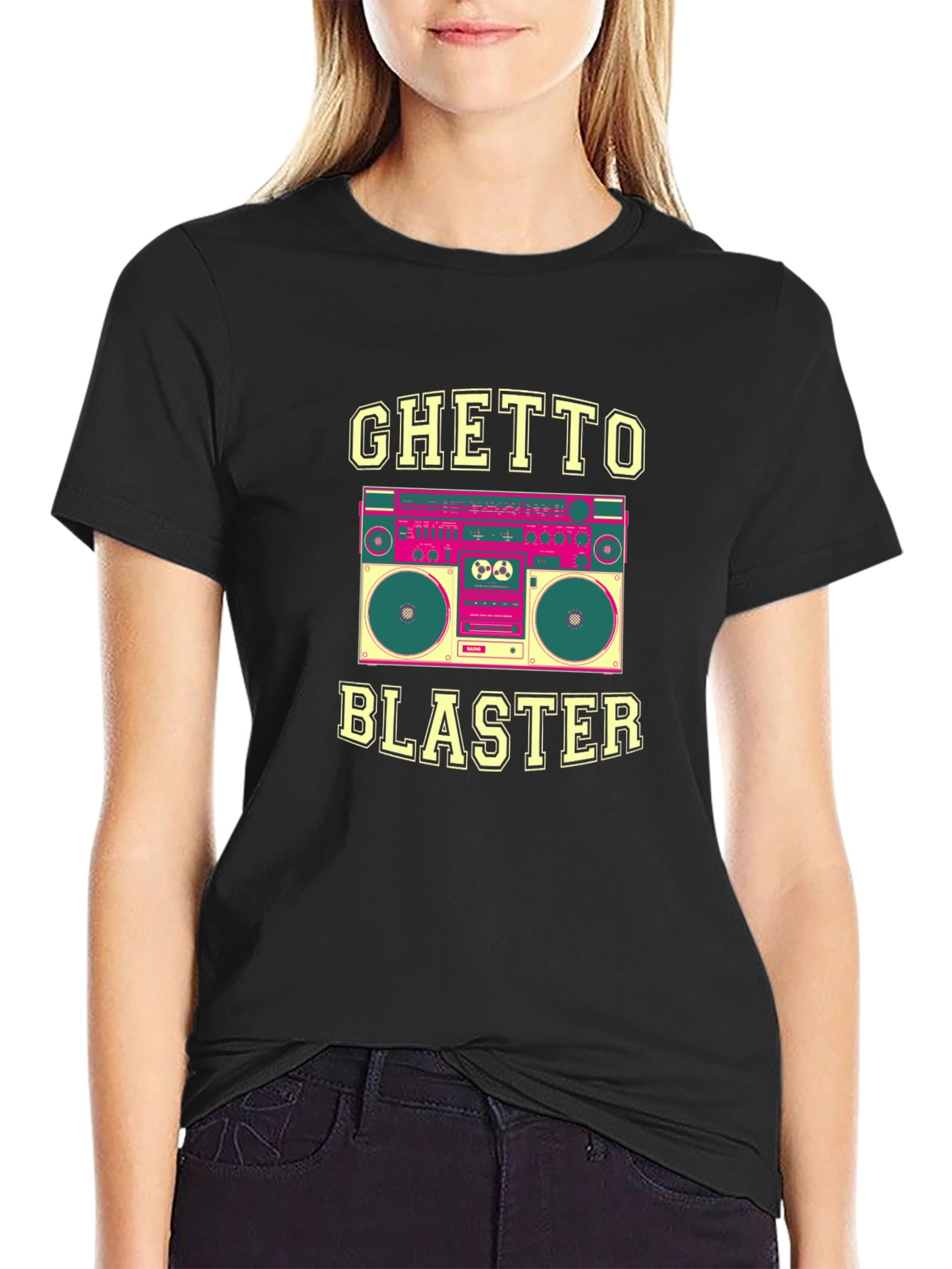 Black Ghetto Blaster Graphic Tee - Retro Boombox Design view 2