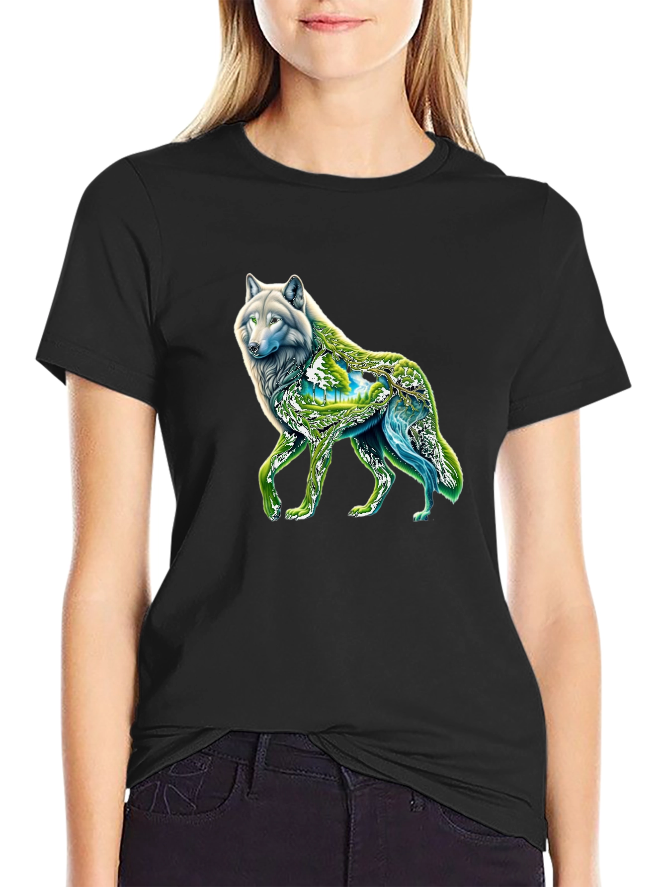 Black Wolf Nature Graphic Black T-Shirt view 2