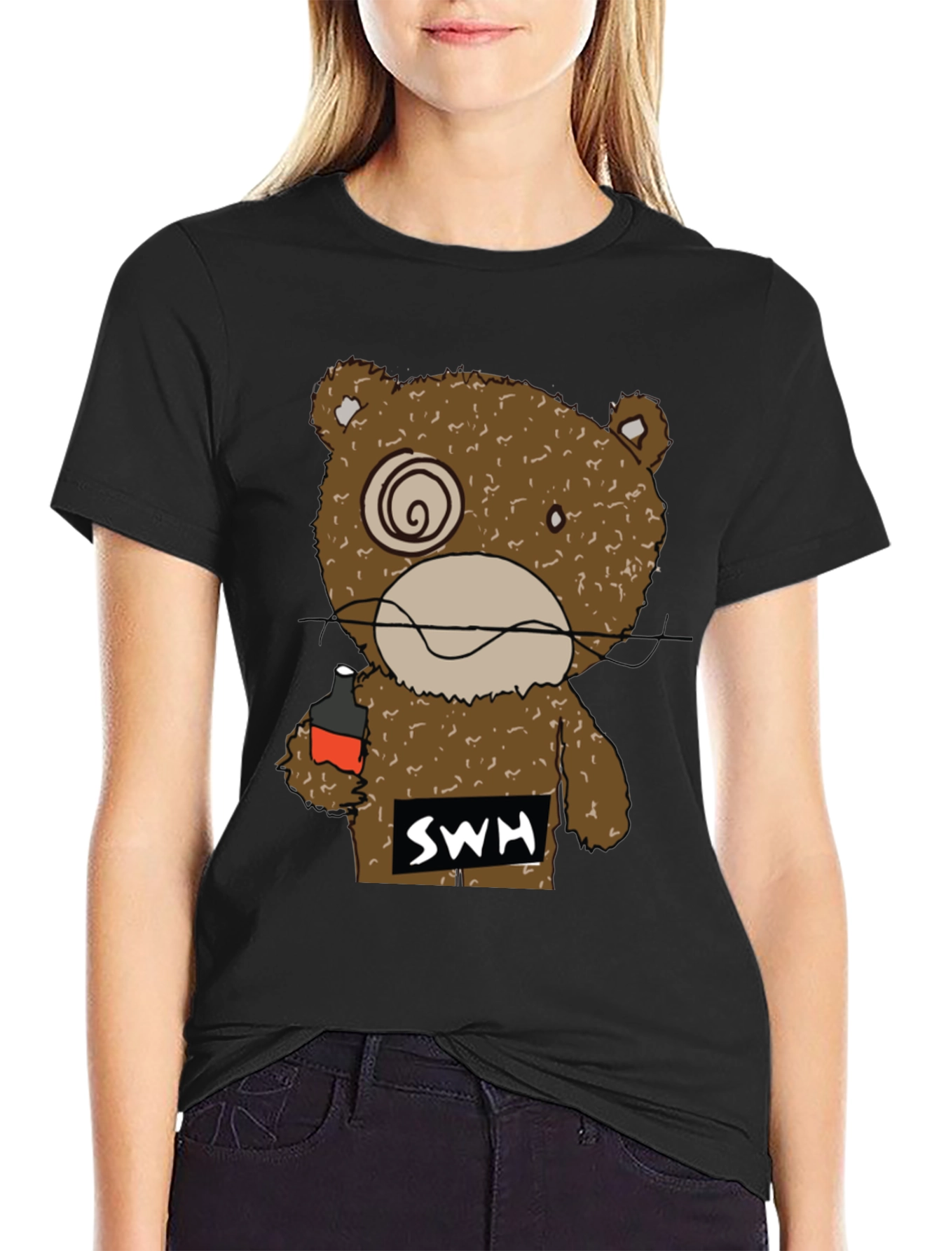 Black Drunk Bear Graphic Tee - Funny Cartoon Shirt view 2