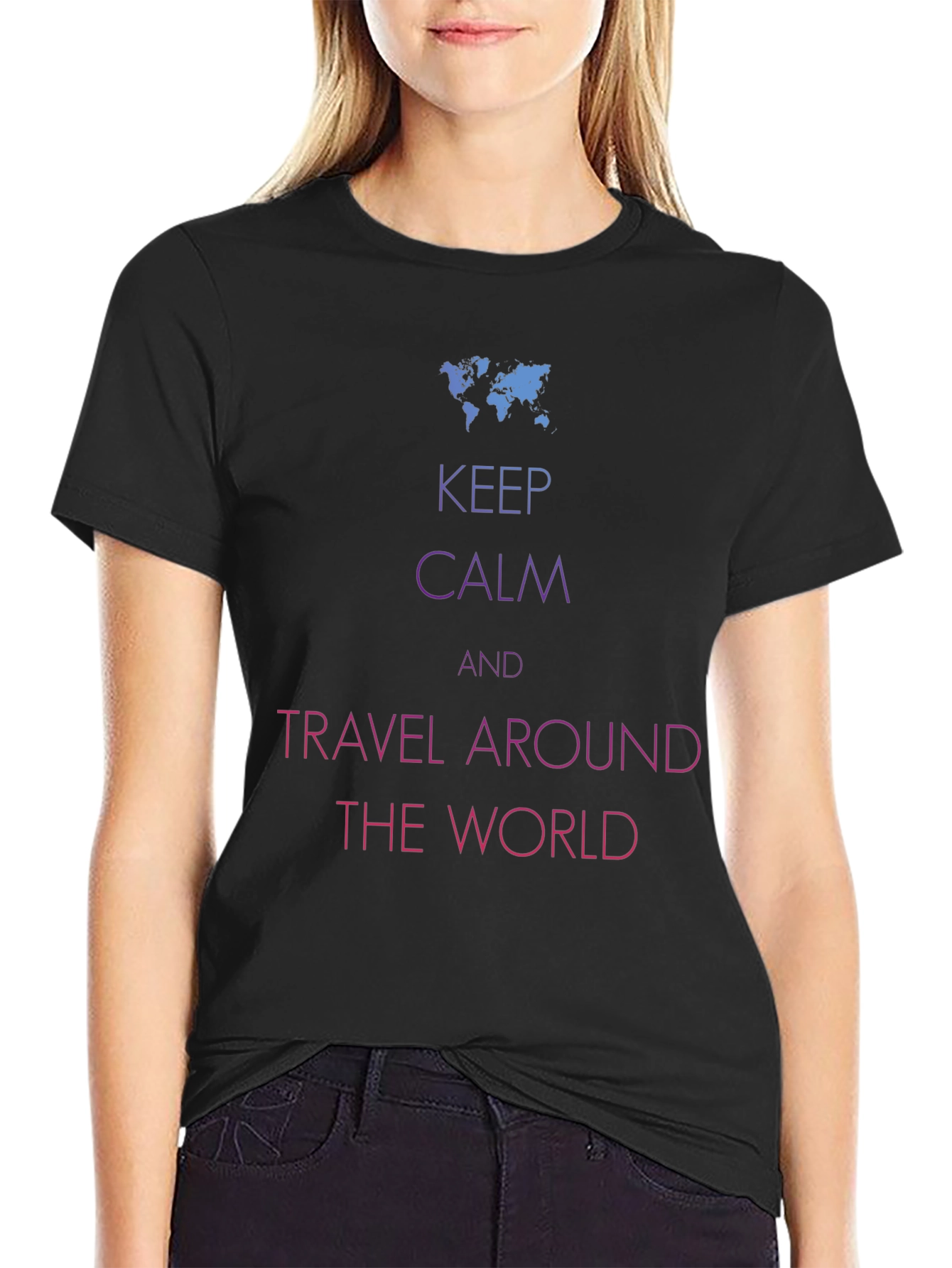 Black Keep Calm Travel World Graphic Tee - Soft Cotton Blend view 2