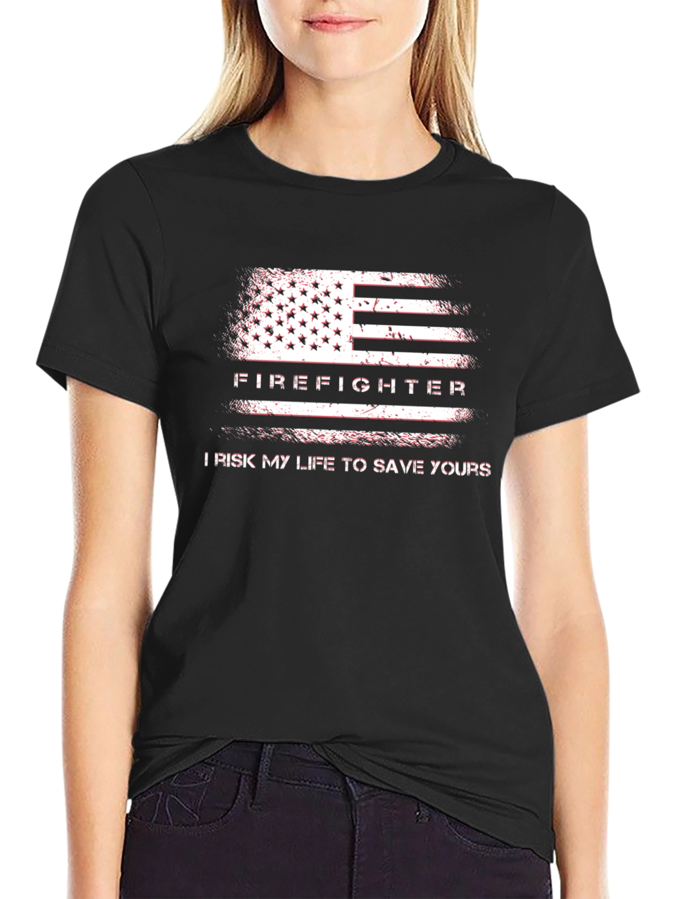 Black Firefighter American Flag T-Shirt - Risk My Life To Save Yours view 2