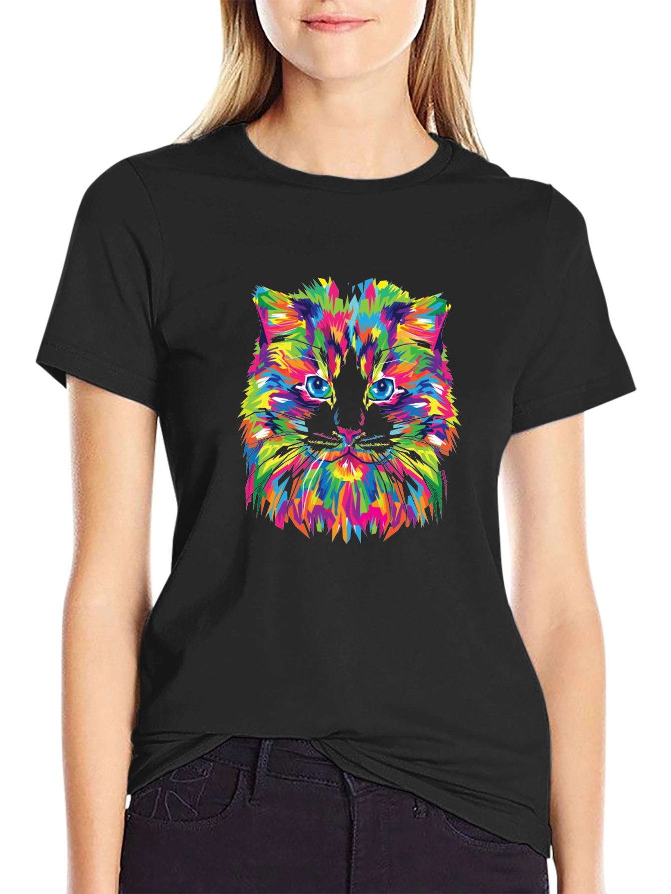 Black Vibrant Cat Graphic Tee - Soft Cotton Blend view 2