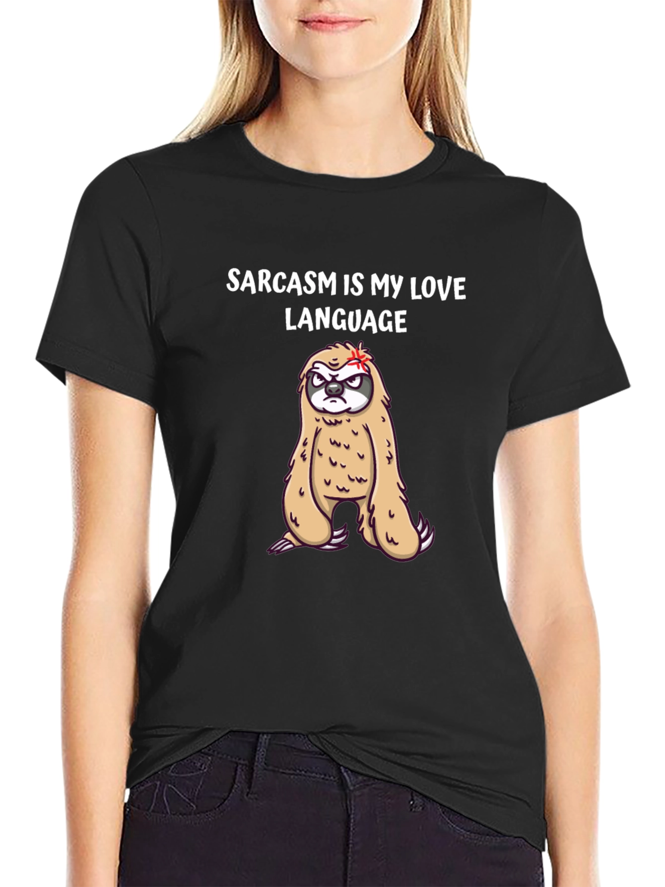 Black Sarcasm Sloth Graphic Tee - Funny Novelty T-Shirt view 2