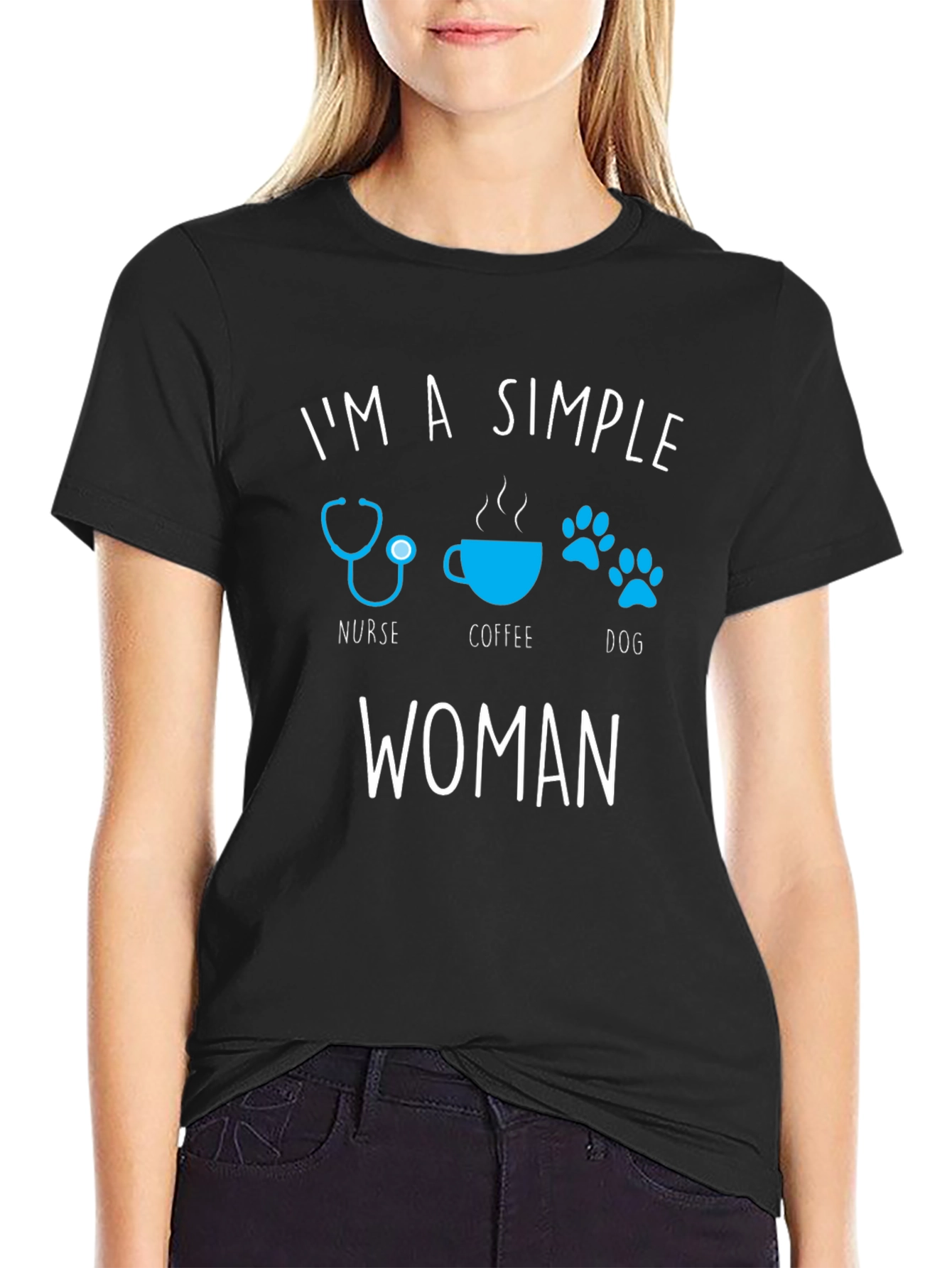 Black Simple Nurse Coffee Dog Woman T-Shirt view 2