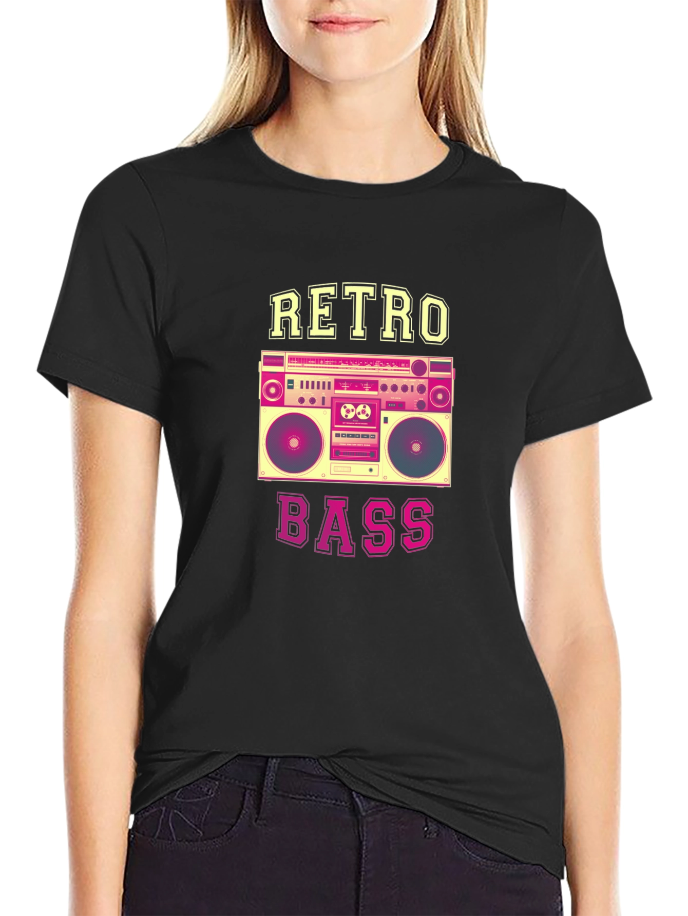 Black Retro Bass Boombox Graphic Tee - Black Cotton Blend view 2