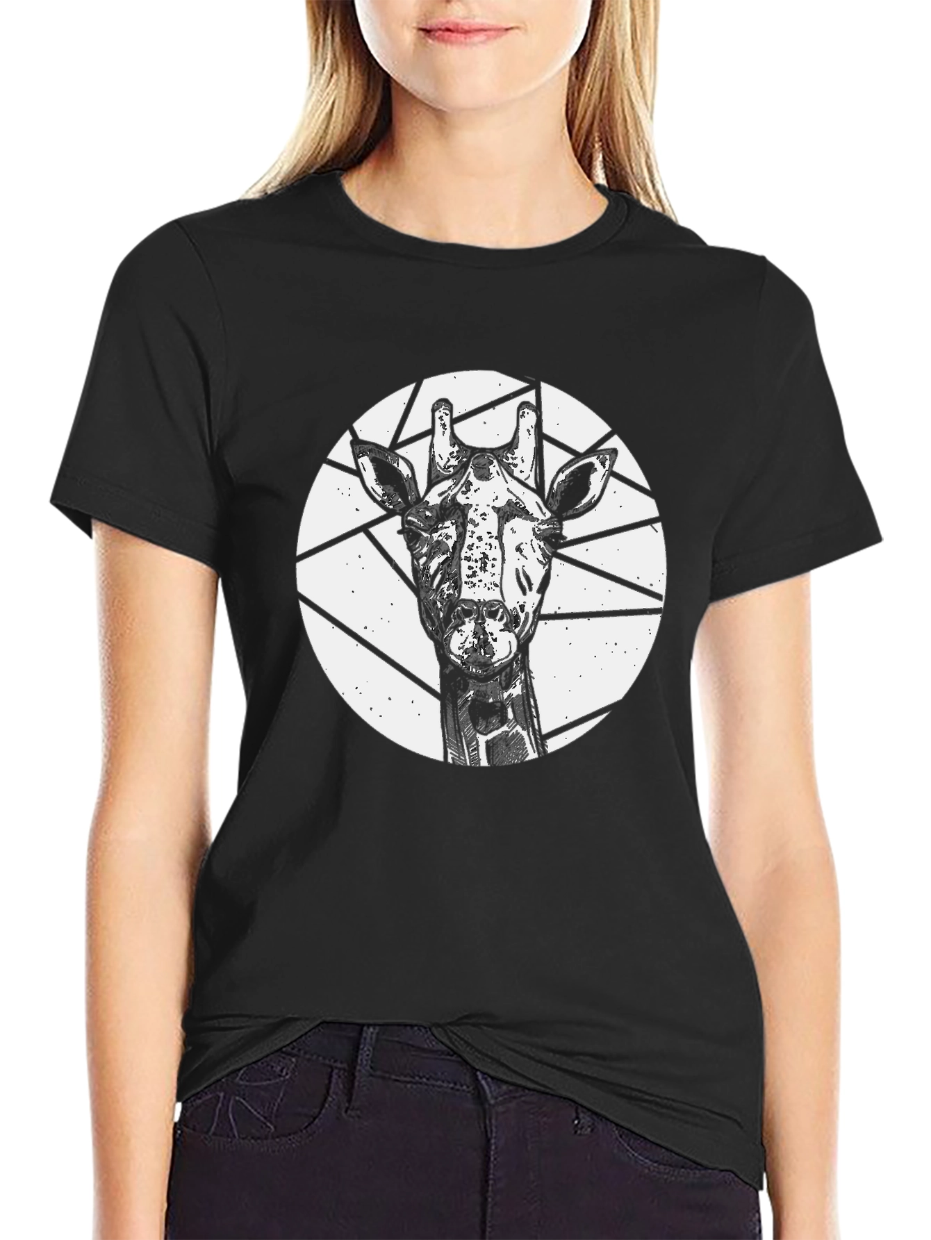 Black Giraffe Graphic Tee - Black Crew Neck Short Sleeve view 2